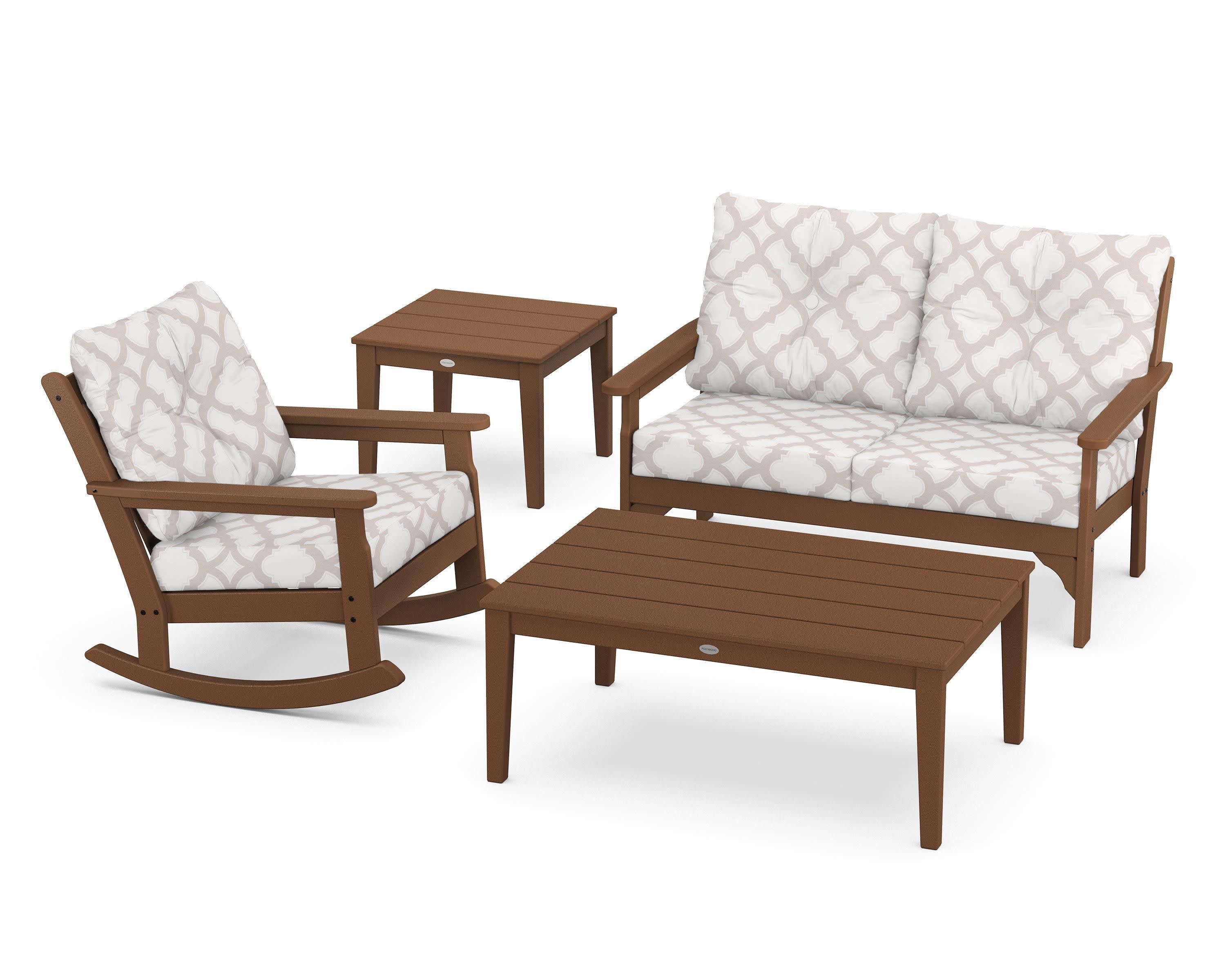 Vineyard 4-Piece Deep Seating Rocker Set in Teak / Trellis Dune Burlap