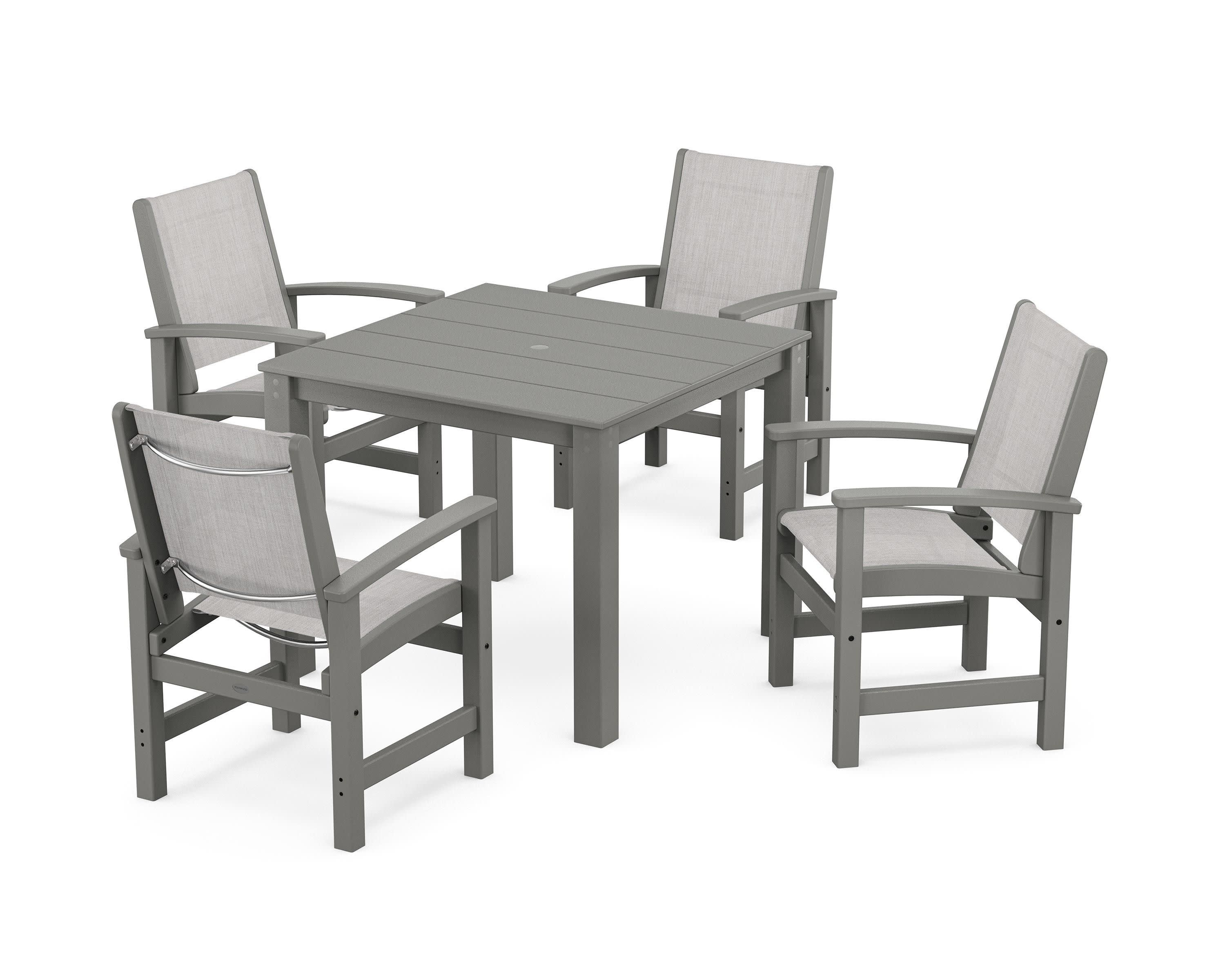 Coastal 5-Piece Parsons Dining Set in Teak / Dupioni Sea Mist Sling