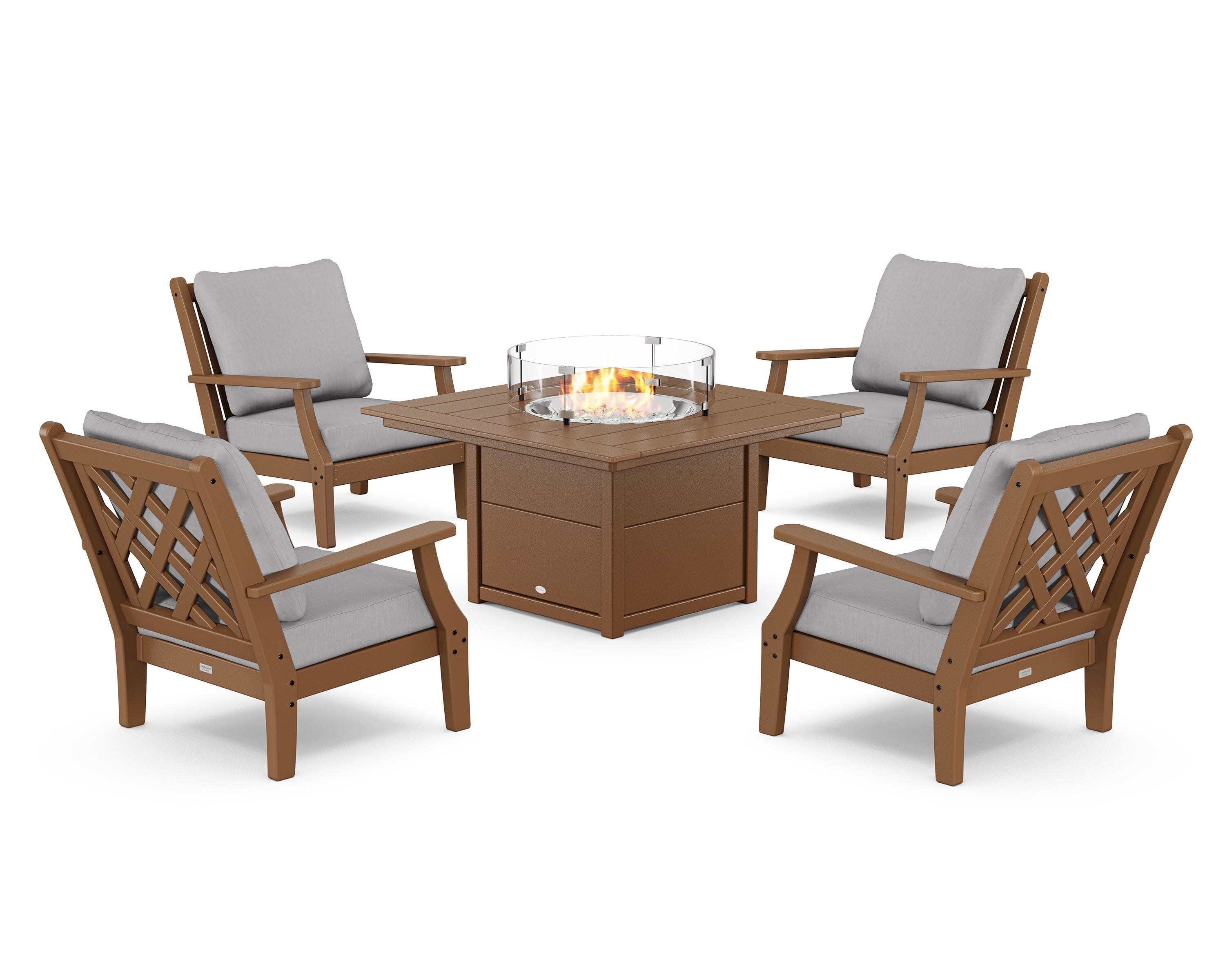 Wovendale 5-Piece Deep Seating Set with Fire Pit Table in Teak / Granite