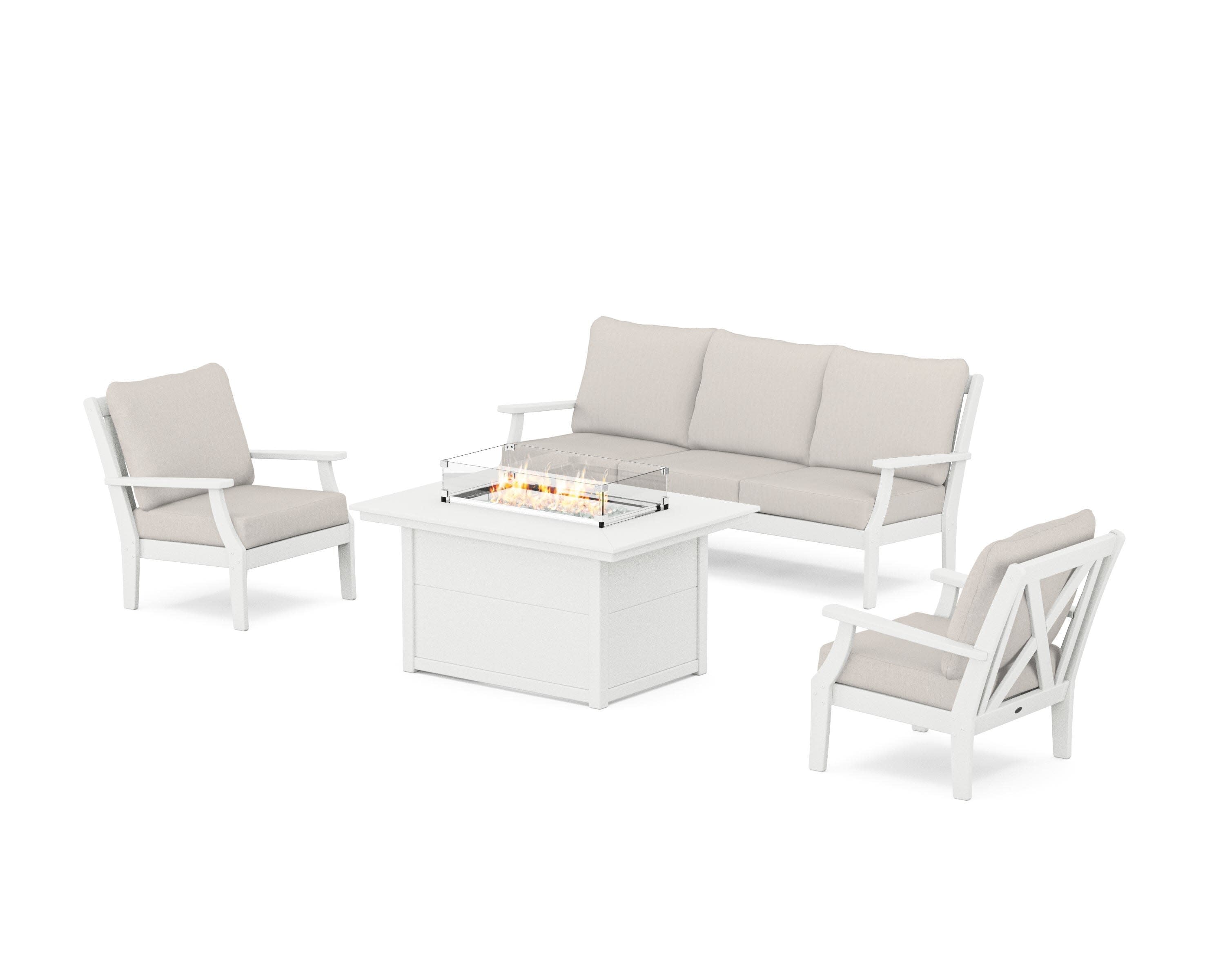 Braxton Deep Seating Fire Pit Table Set in Vintage White / Cast Ash