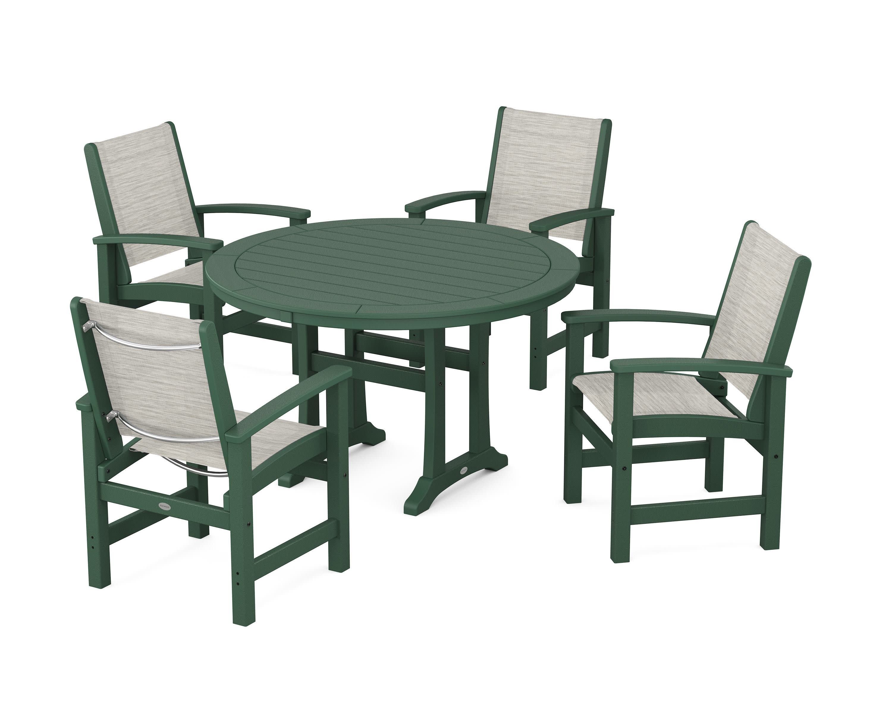 Coastal 5-Piece Round Dining Set with Trestle Legs in Green / Birch Sling