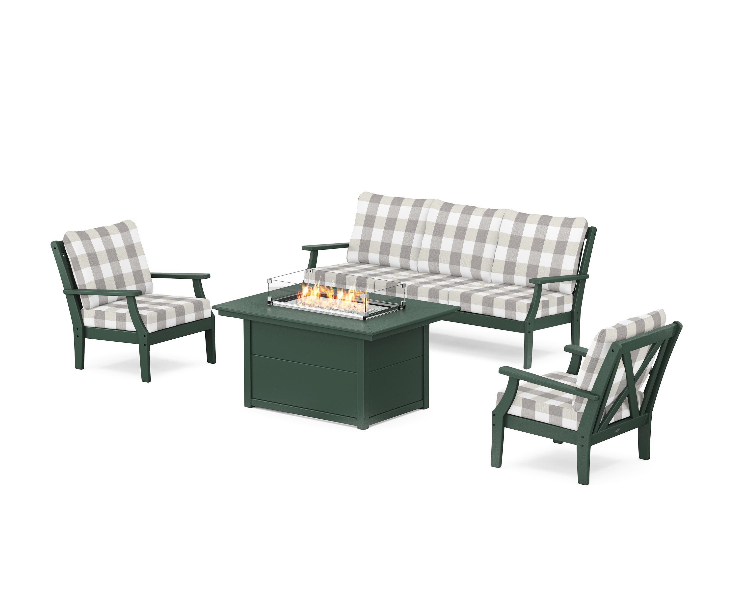 Braxton Deep Seating Fire Pit Table Set in Green / Buffalo Plaid Grey Mist