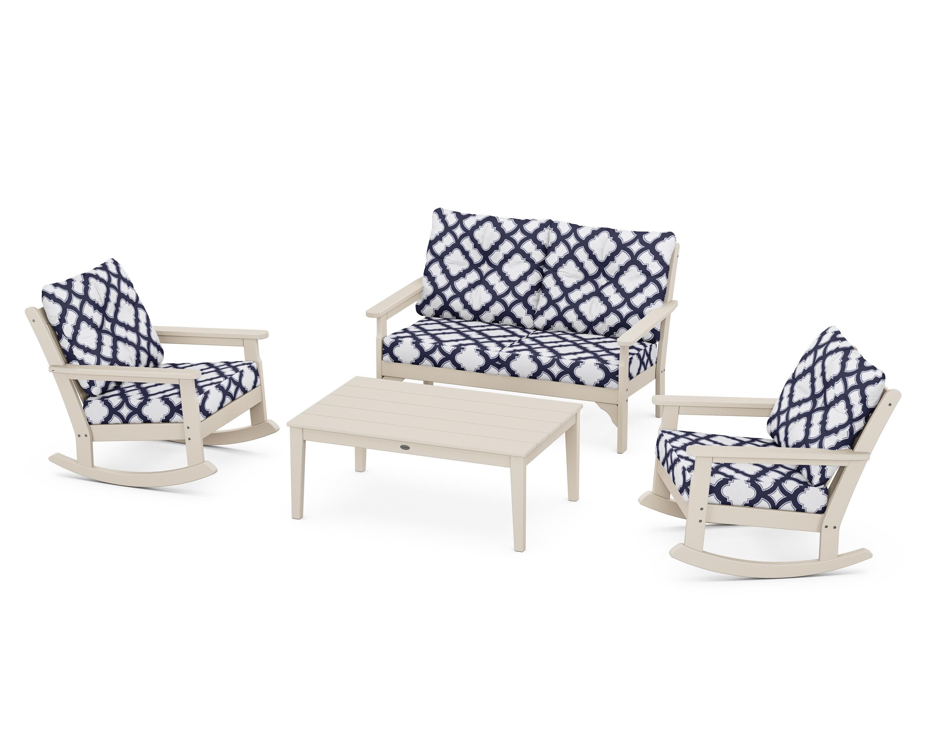 Vineyard 4-Piece Deep Seating Rocking Chair Set in Sand / Trellis Navy