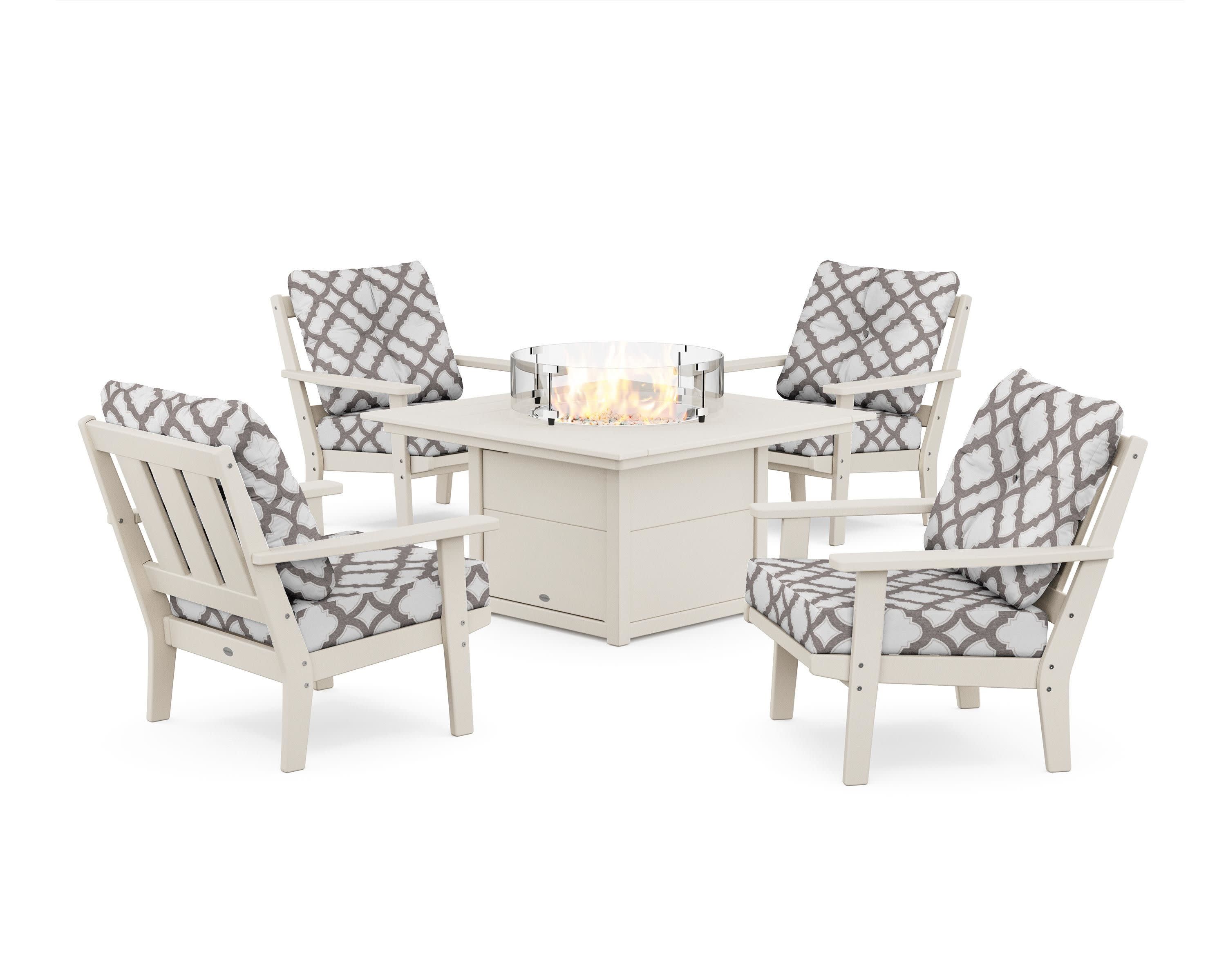 Oxford 5-Piece Deep Seating Set with Fire Pit Table in Sand / Trellis Grey Mist