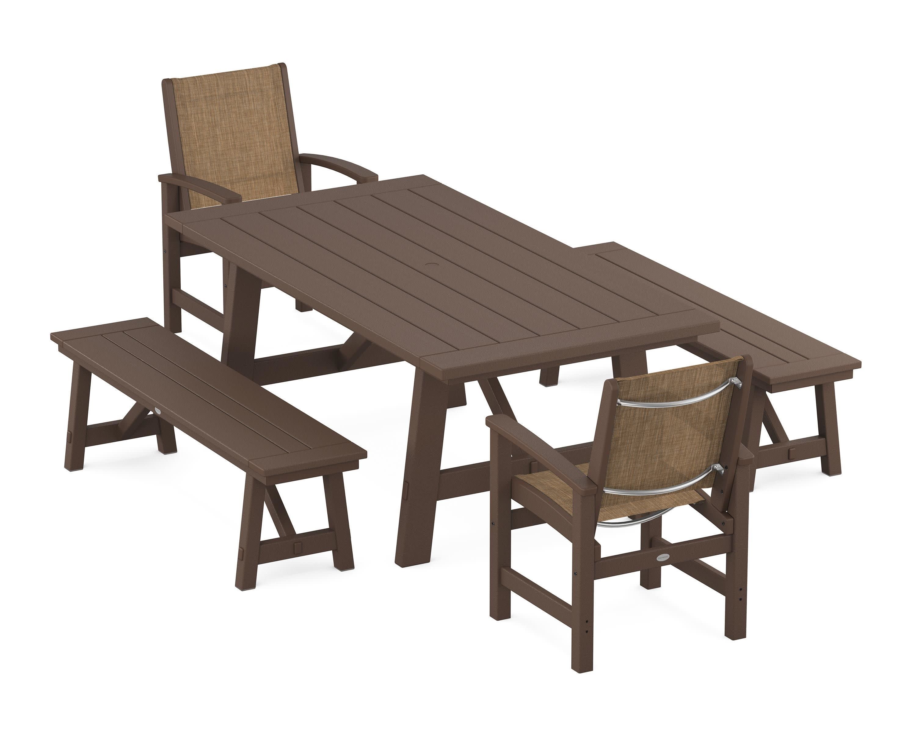 Coastal 5-Piece Rustic Farmhouse Dining Set With Benches in Mahogany / Burlap Sling