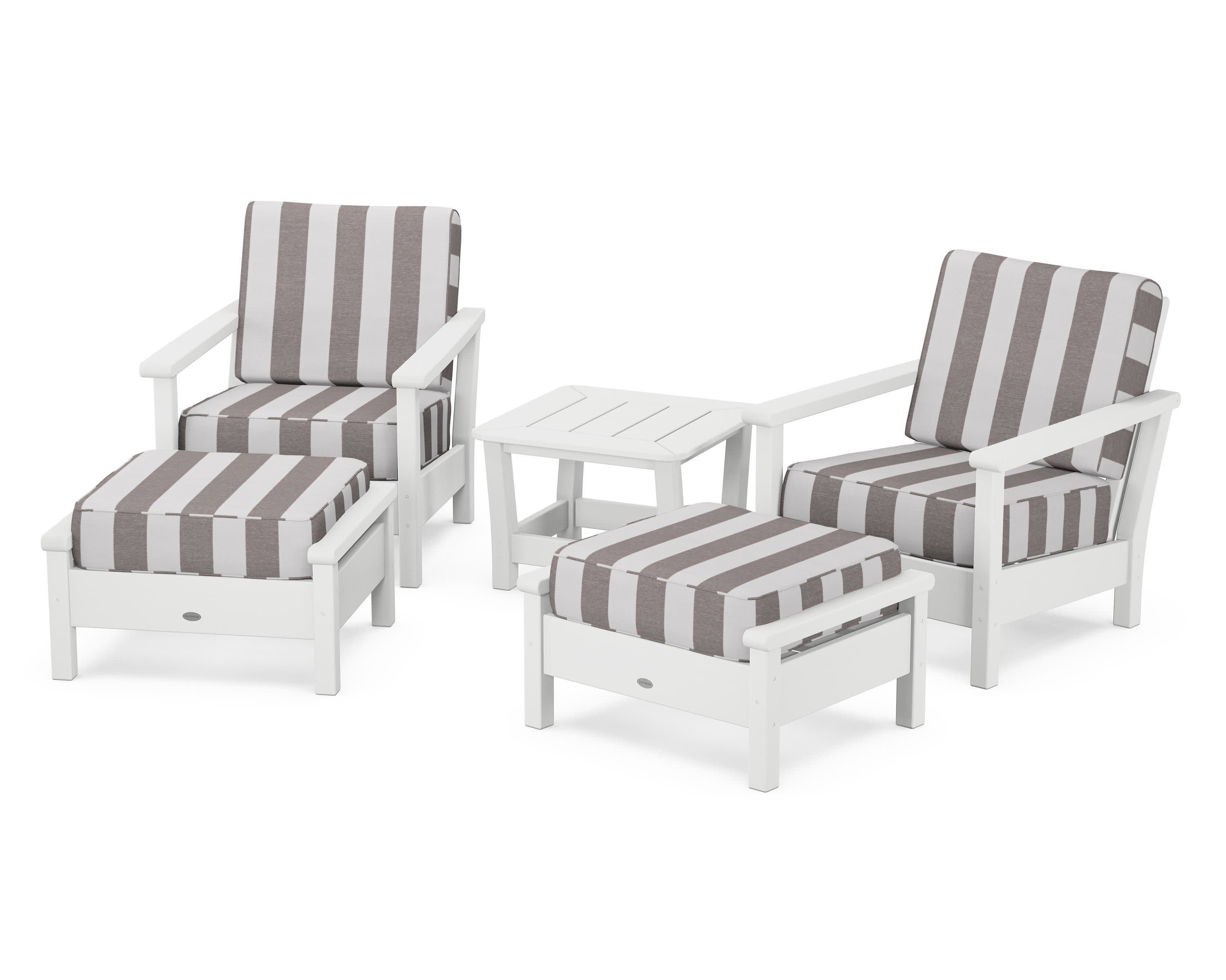 Harbour 5-Piece Deep Seating Chair Set in White / Cabana Stripe Grey Mist