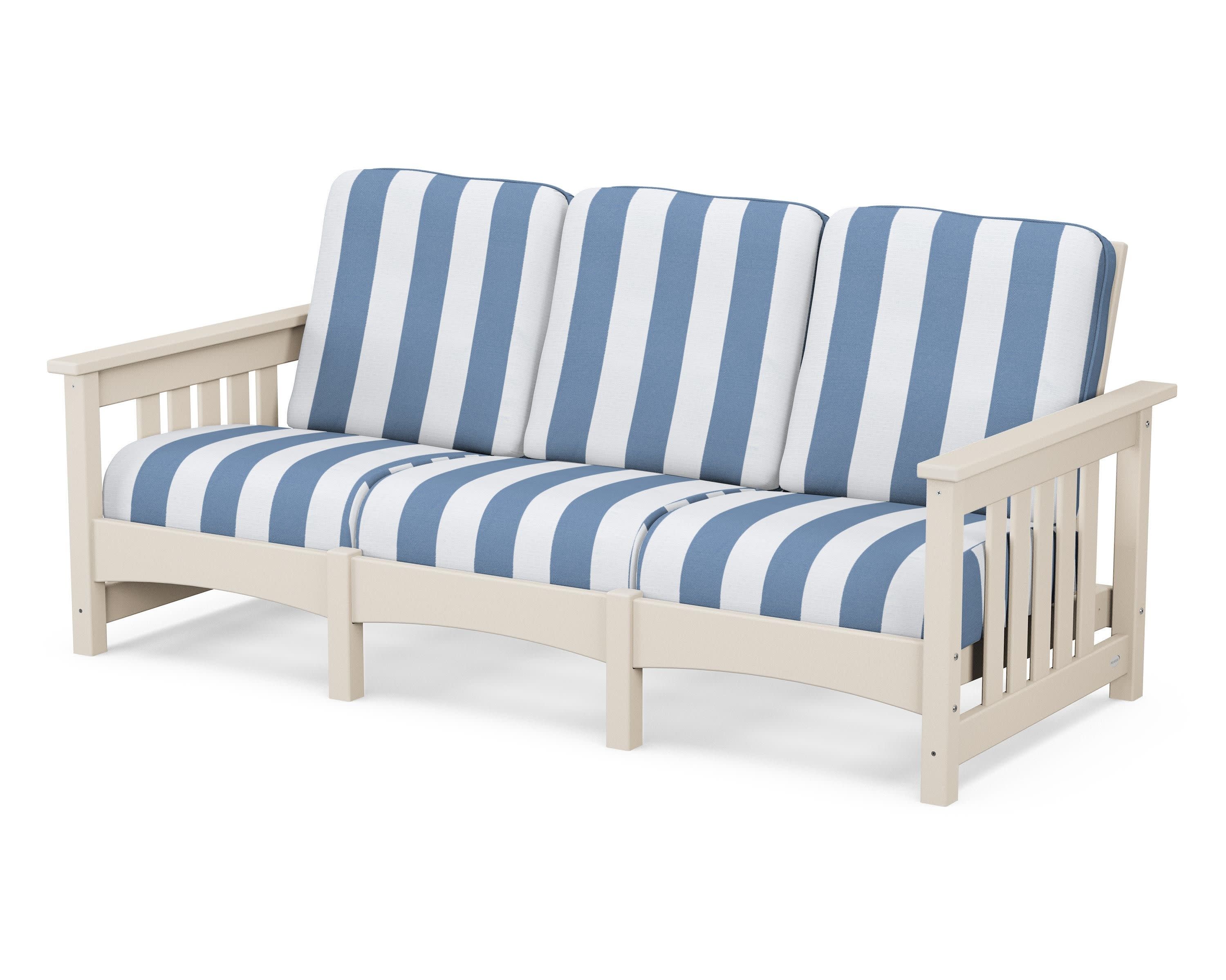 Club Mission Sofa in Sand / Cabana Stripe Sky Blue