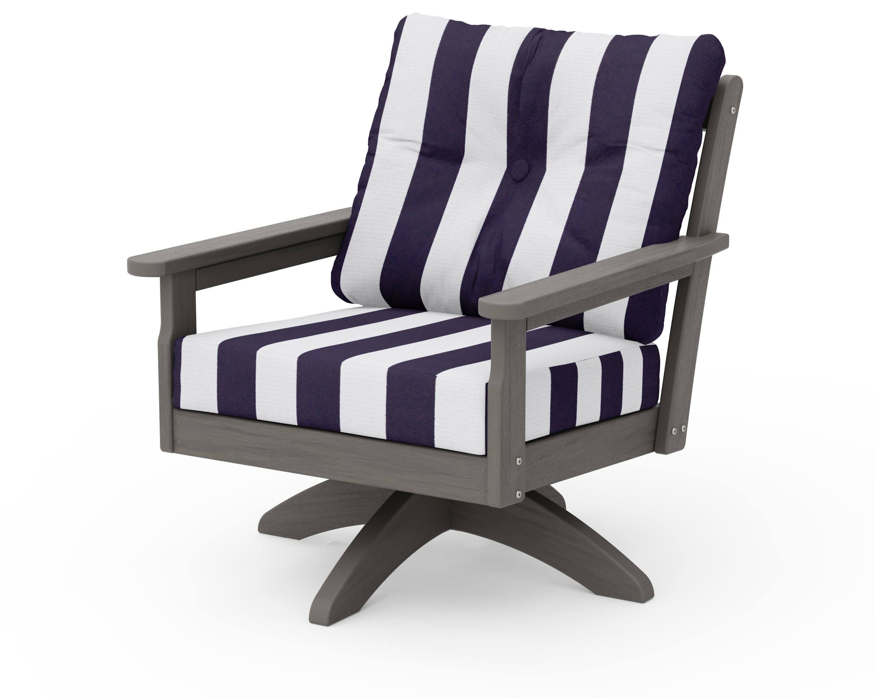 Vineyard Deep Seating Swivel Chair in Driftwood / Cabana Stripe Navy