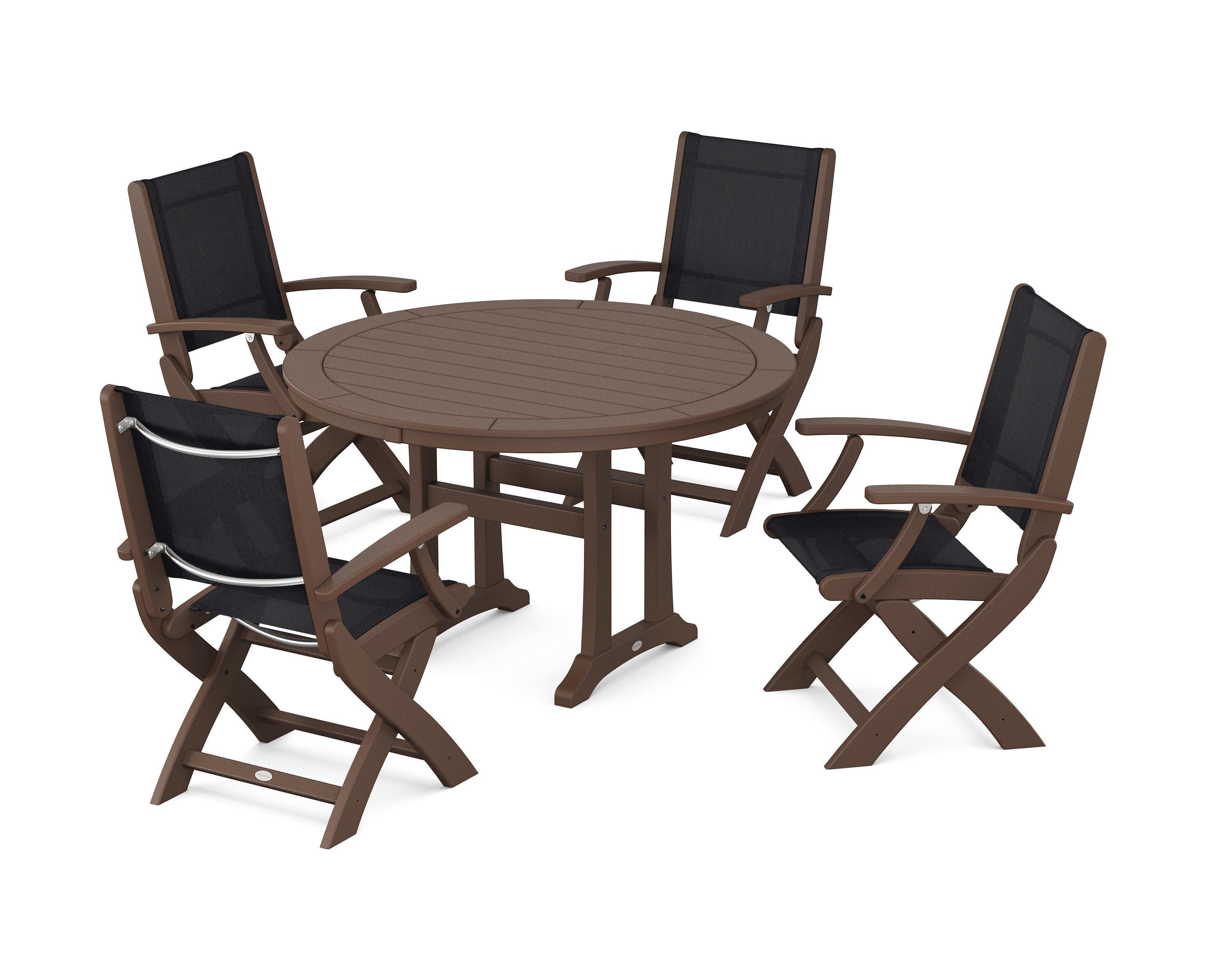 Coastal Folding Chair 5-Piece Round Dining Set with Trestle Legs in Mahogany / Black Sling