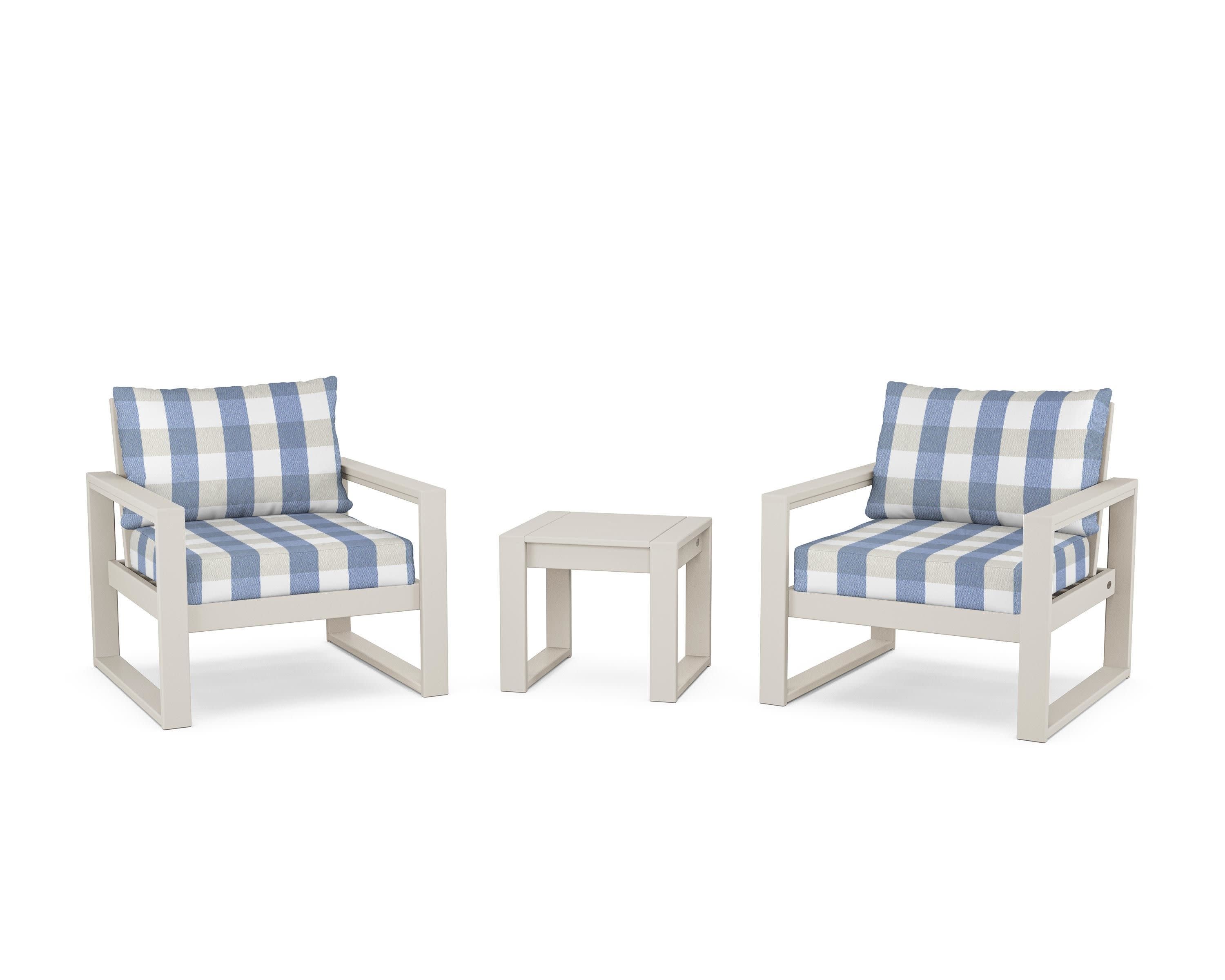 EDGE Sectional 3-Piece Deep Seating Set in Sand / Buffalo Plaid Sky Blue