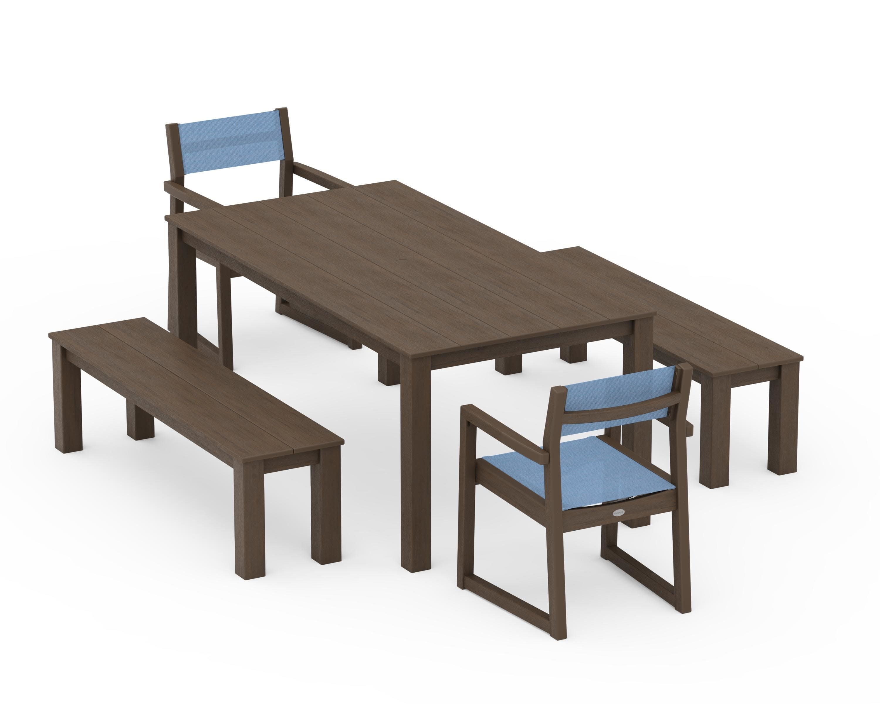 EDGE Sling Arm Chair 5-Piece Parsons Dining Set with Benches in Kona / Poolside Sling