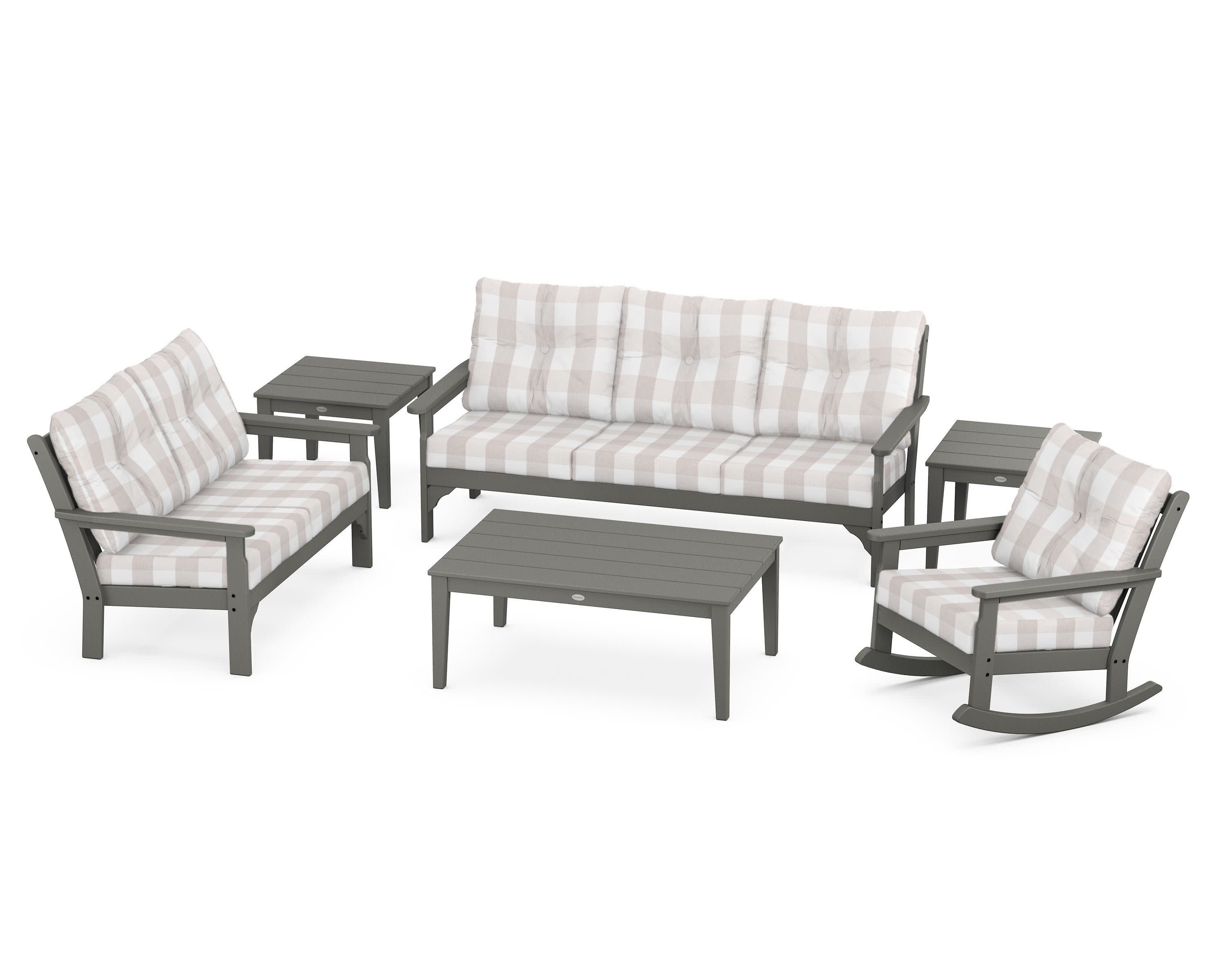 Vineyard 6-Piece Deep Seating Set in Slate Grey / Buffalo Plaid Dune Burlap