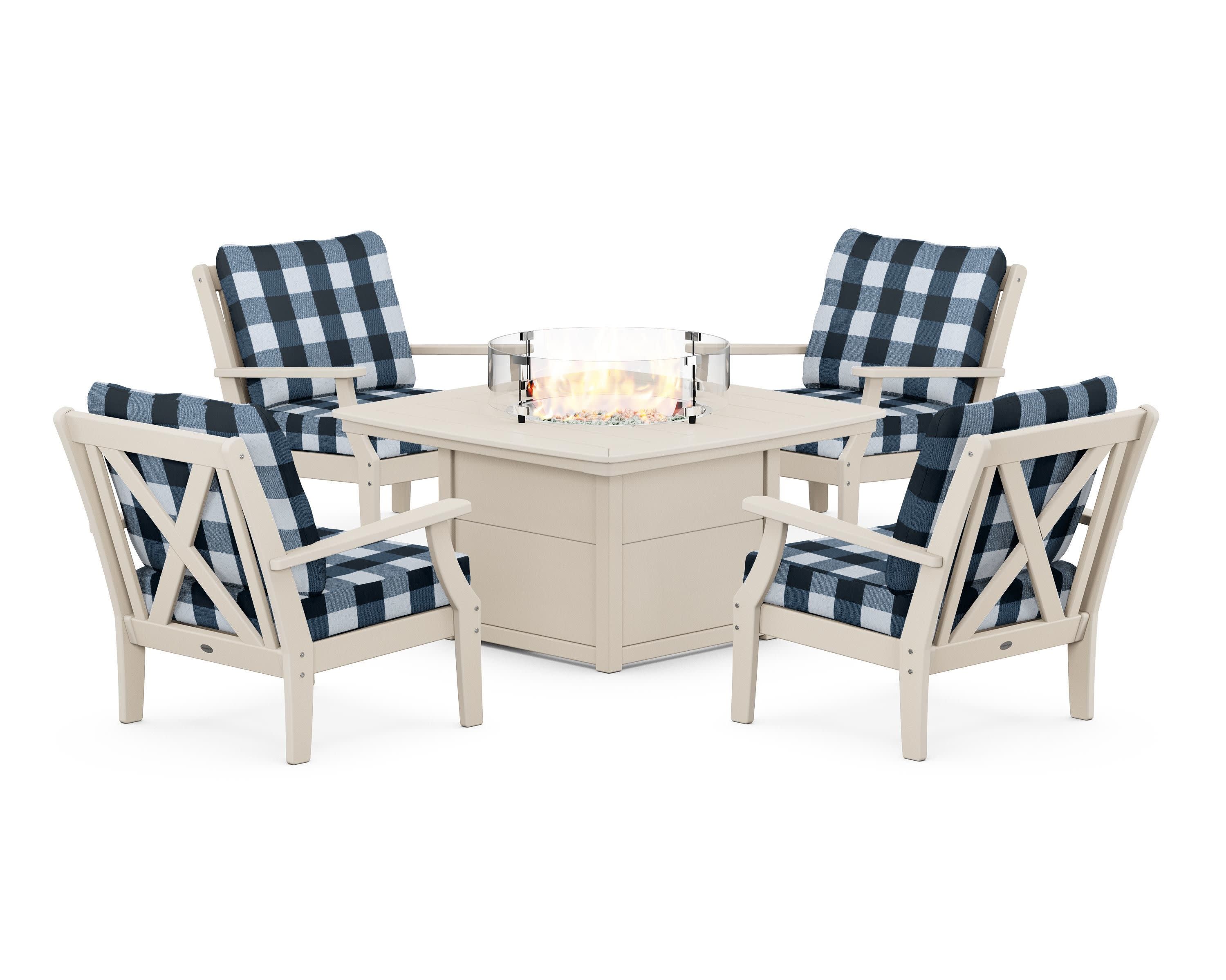 Braxton 5-Piece Deep Seating Conversation Set with Fire Pit Table in Sand / Buffalo Plaid Marine Indigo
