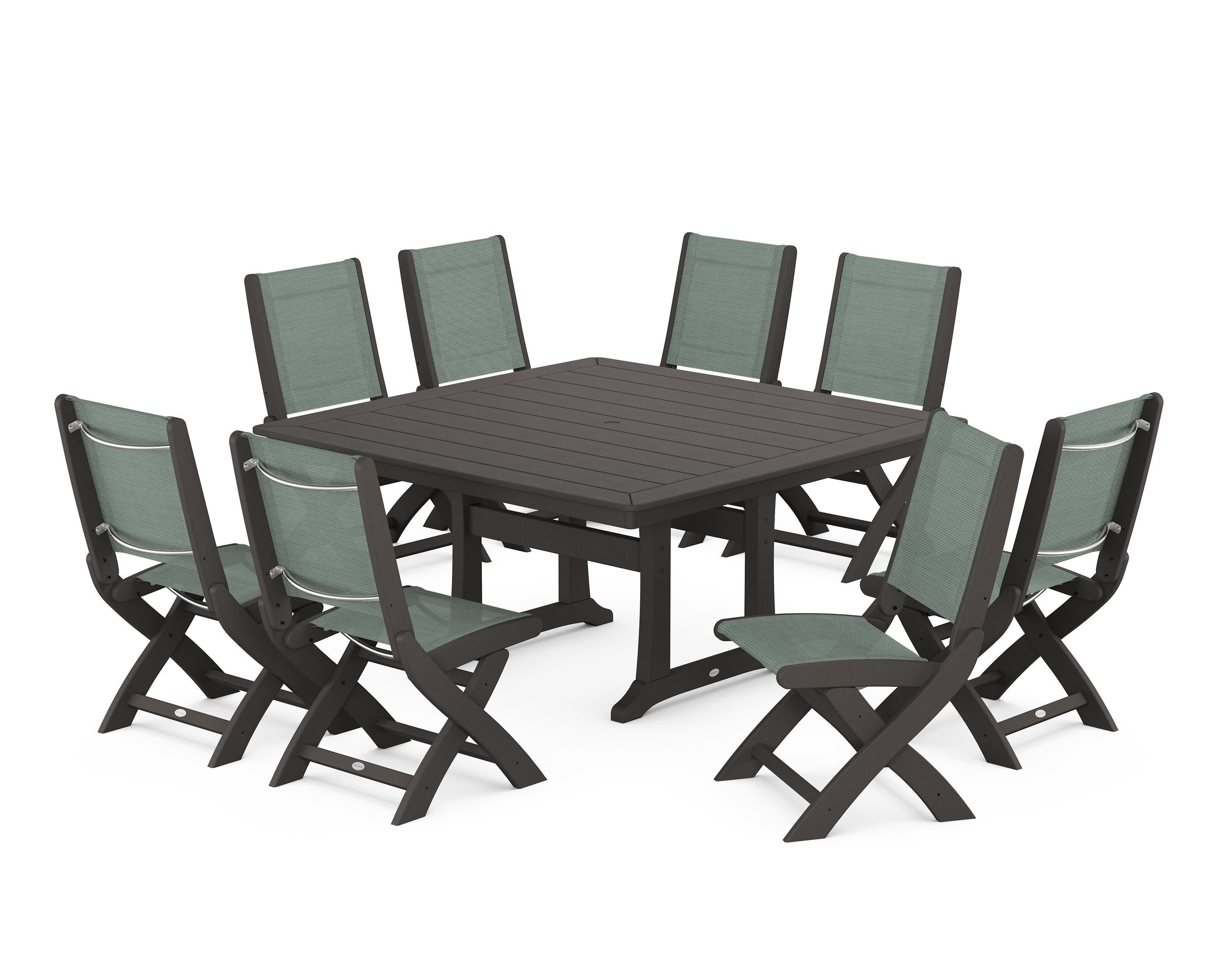 Coastal Folding Side Chair 9-Piece Dining Set with Trestle Legs in Vintage Coffee / Dupioni Sea Mist Sling