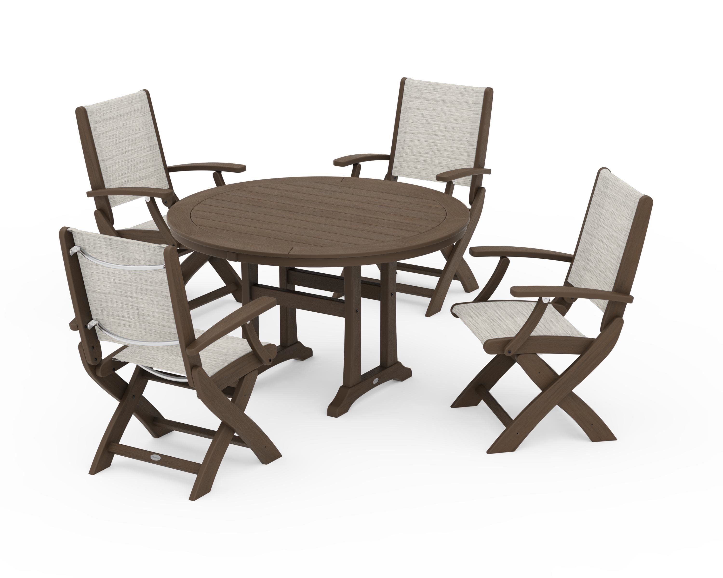 Coastal Folding Chair 5-Piece Round Dining Set with Trestle Legs in Kona / Birch Sling