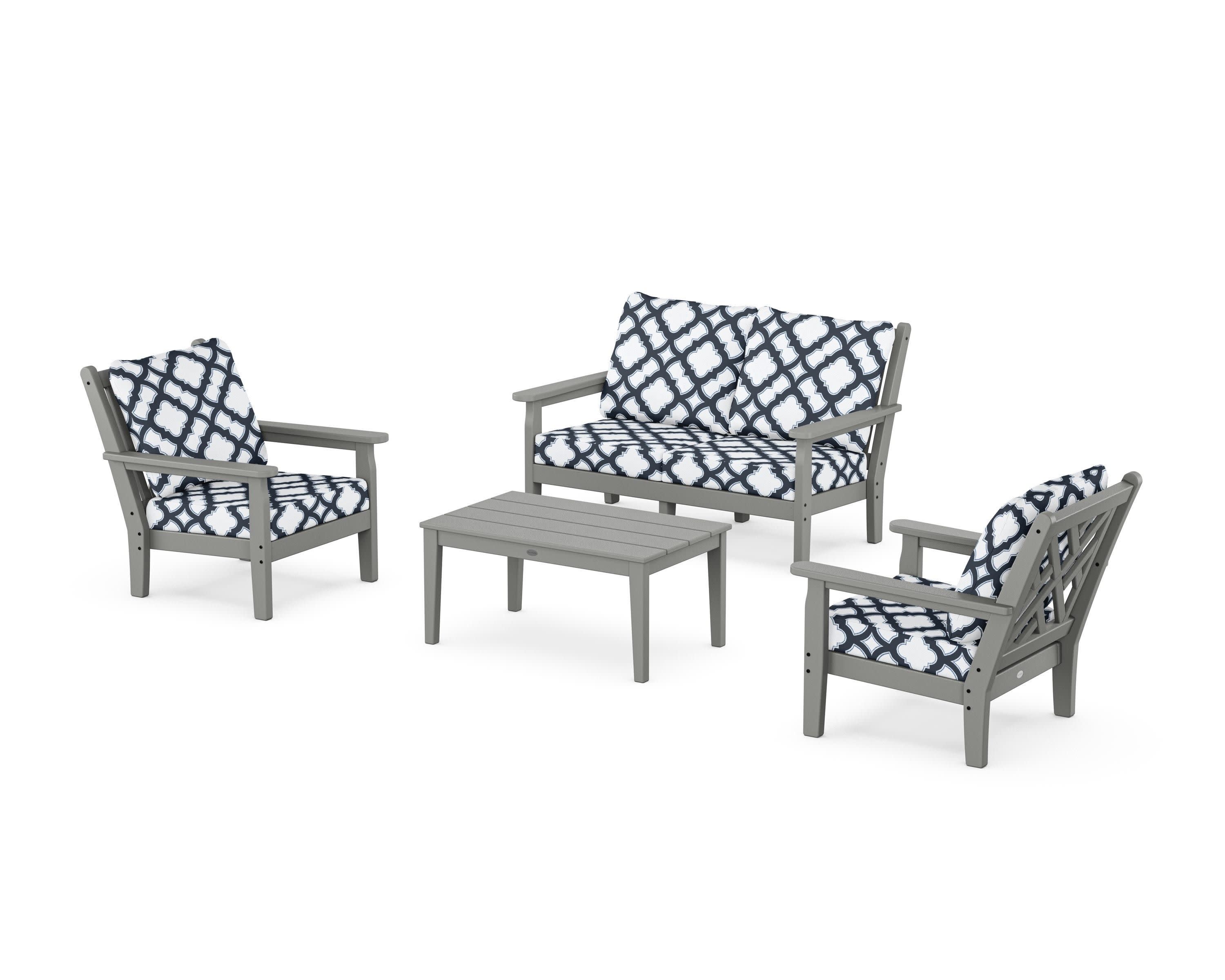 Chippendale 4-Piece Deep Seating Set with Loveseat in Slate Grey / Trellis Marine Indigo
