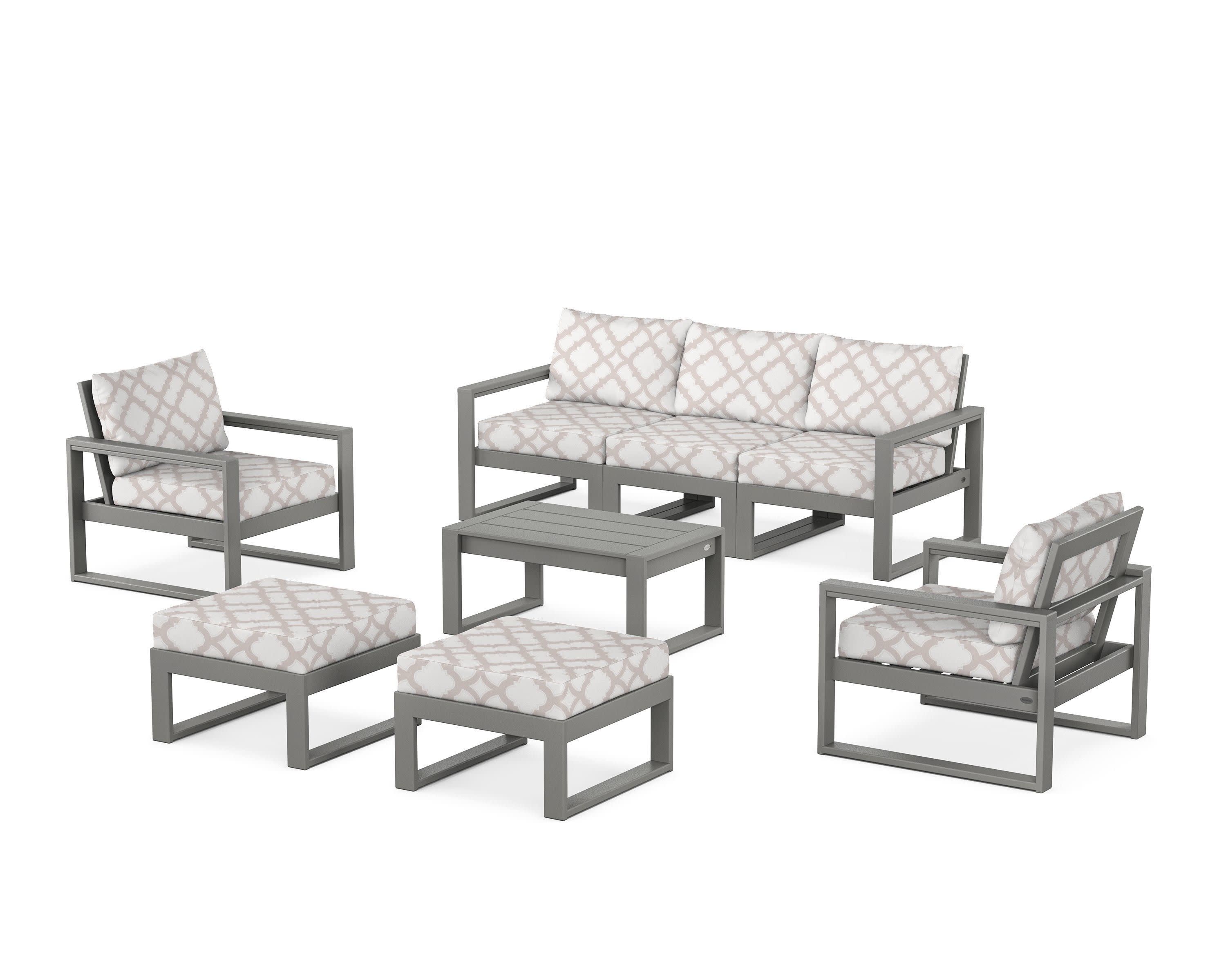 EDGE Sectional 8-Piece Lounge Sofa Set in Slate Grey / Trellis Dune Burlap