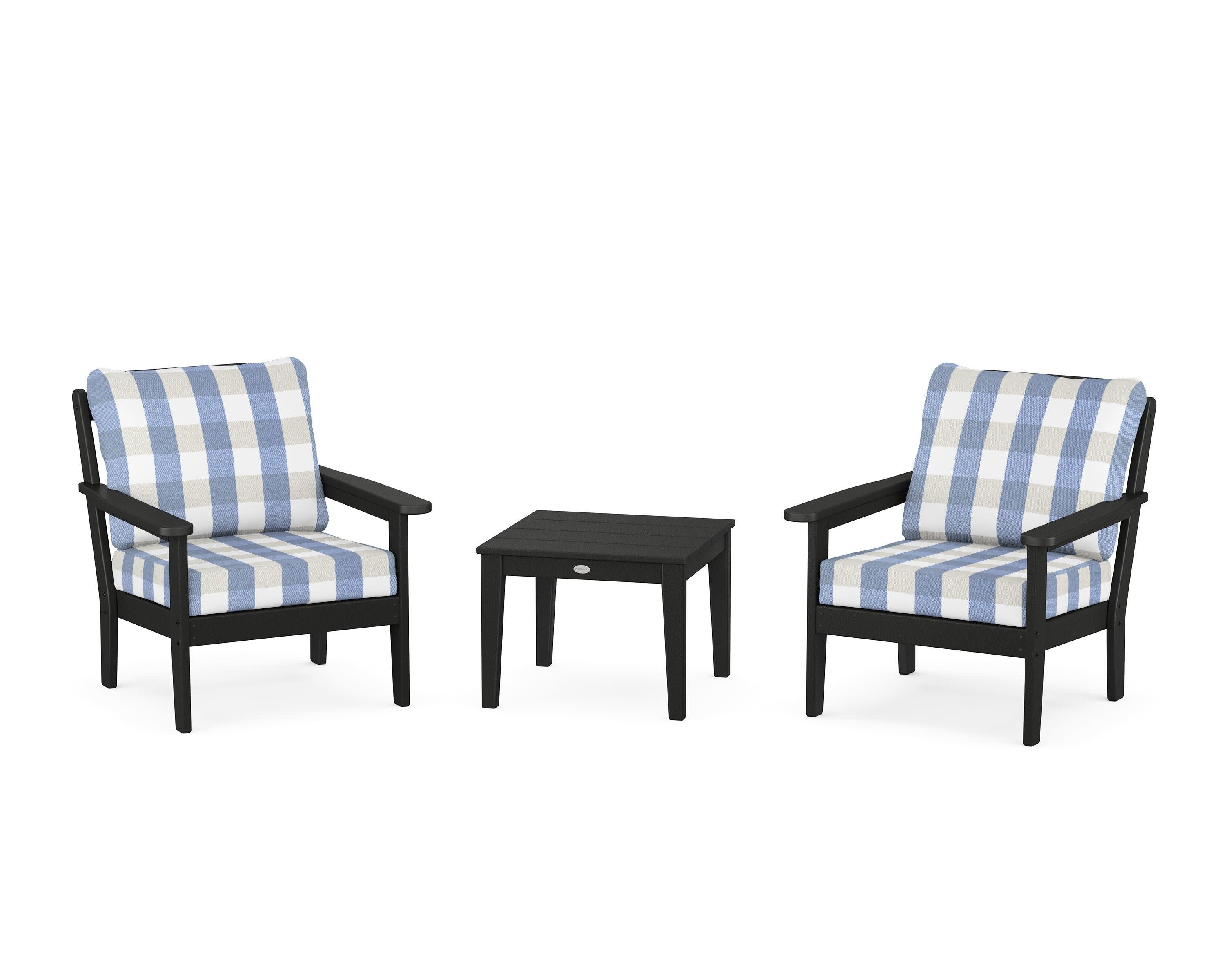 Cottage 3-Piece Deep Seating Set in Black / Buffalo Plaid Sky Blue