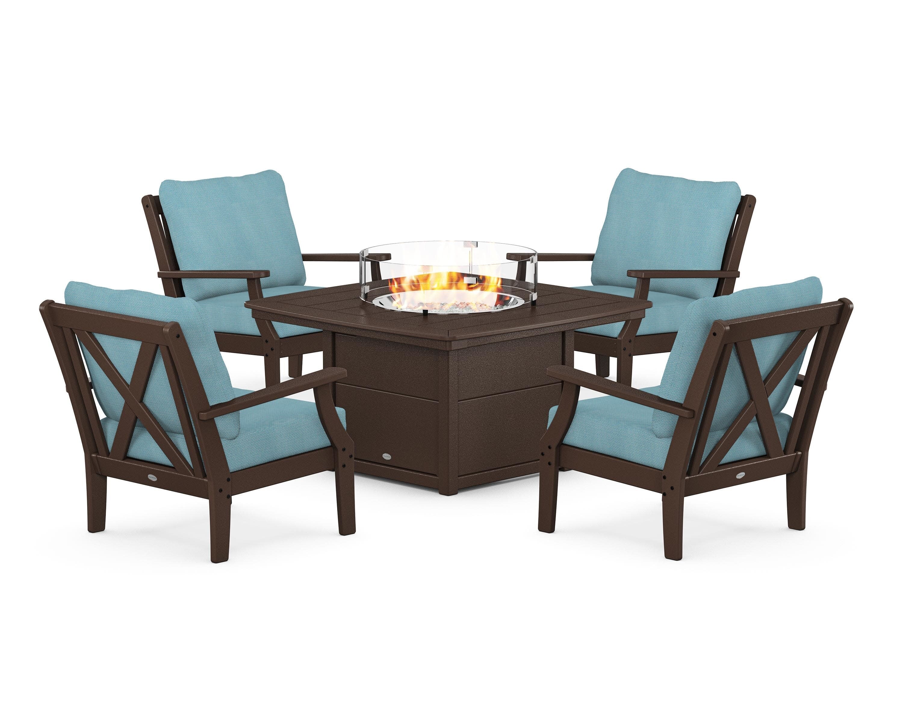 Braxton 5-Piece Deep Seating Conversation Set with Fire Pit Table in Mahogany / Lattice Sky Blue