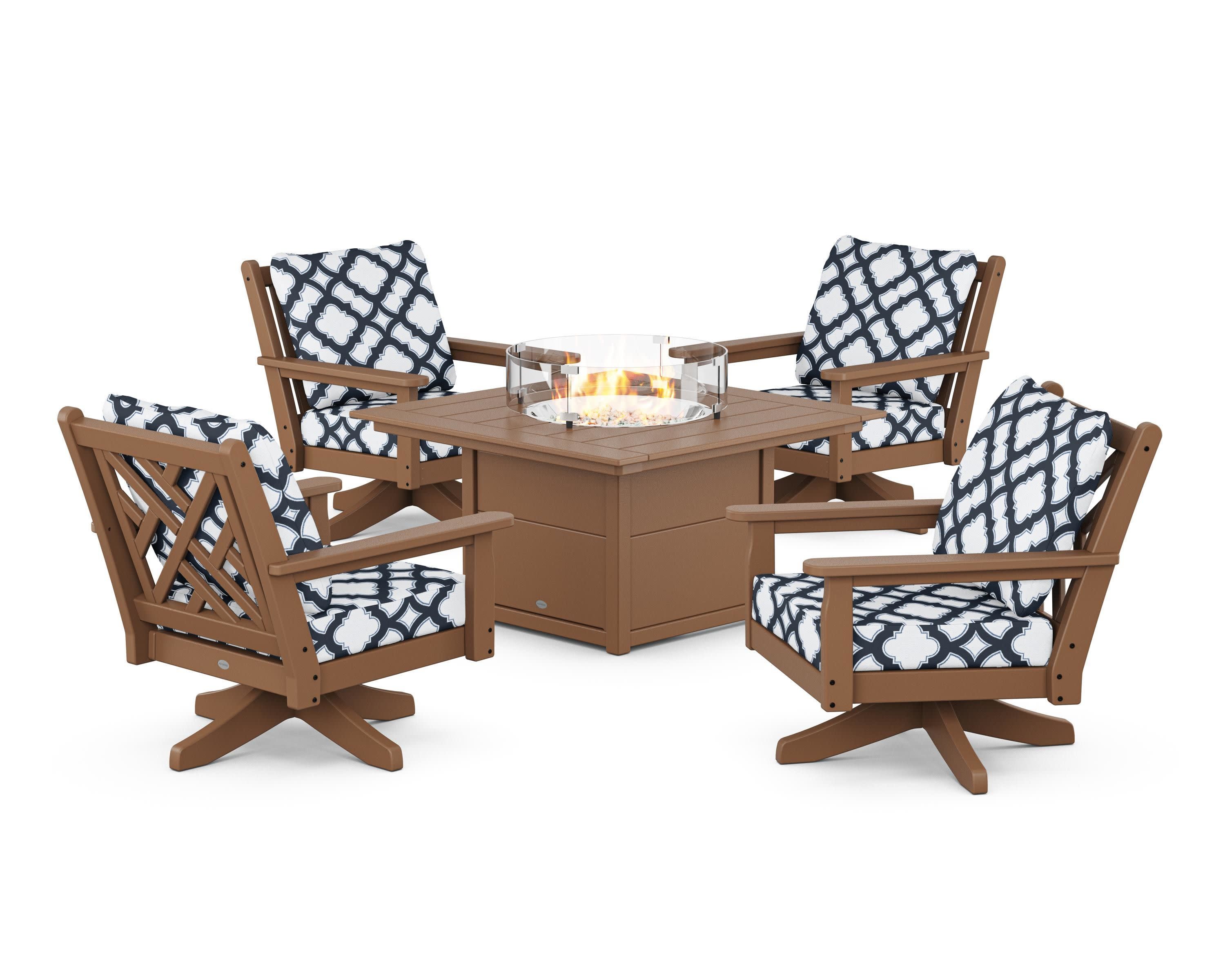 Chippendale 5-Piece Deep Seating Swivel Conversation Set with Fire Pit Table in Teak / Trellis Marine Indigo