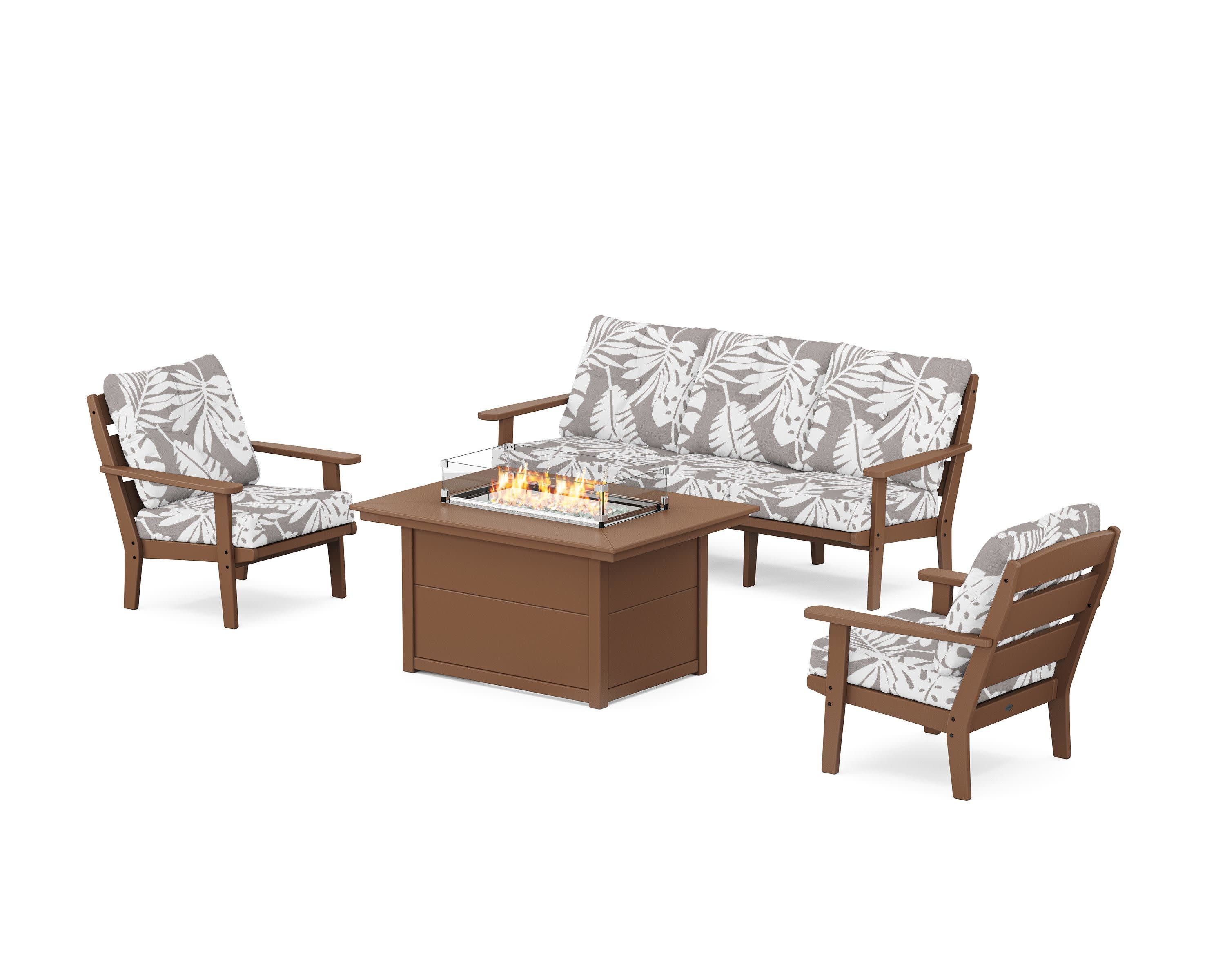 Lakeside Deep Seating Fire Pit Table Set in Teak / Leaf Grey Mist