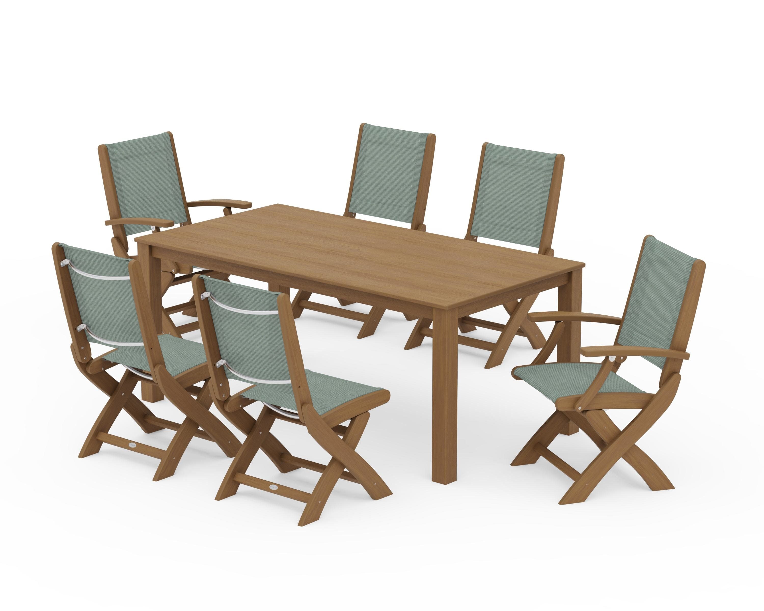 Coastal Folding Chair 7-Piece Parsons Dining Set in Natural / Dupioni Sea Mist Sling