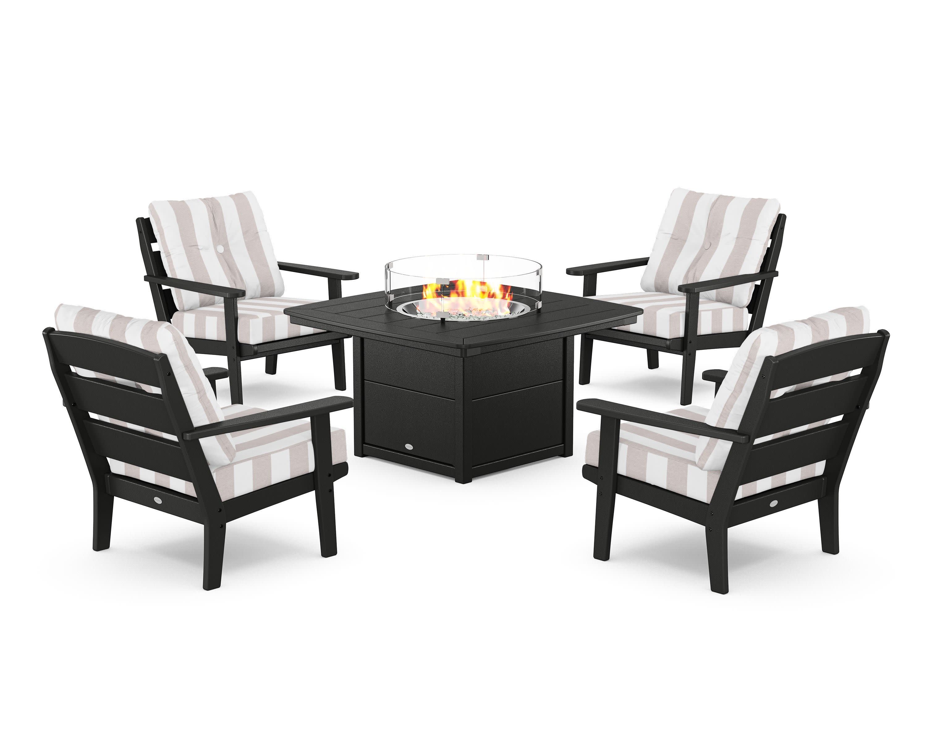 Lakeside 5-Piece Deep Seating Set with Nautical Fire Pit Table in Black / Cabana Stripe Dune Burlap