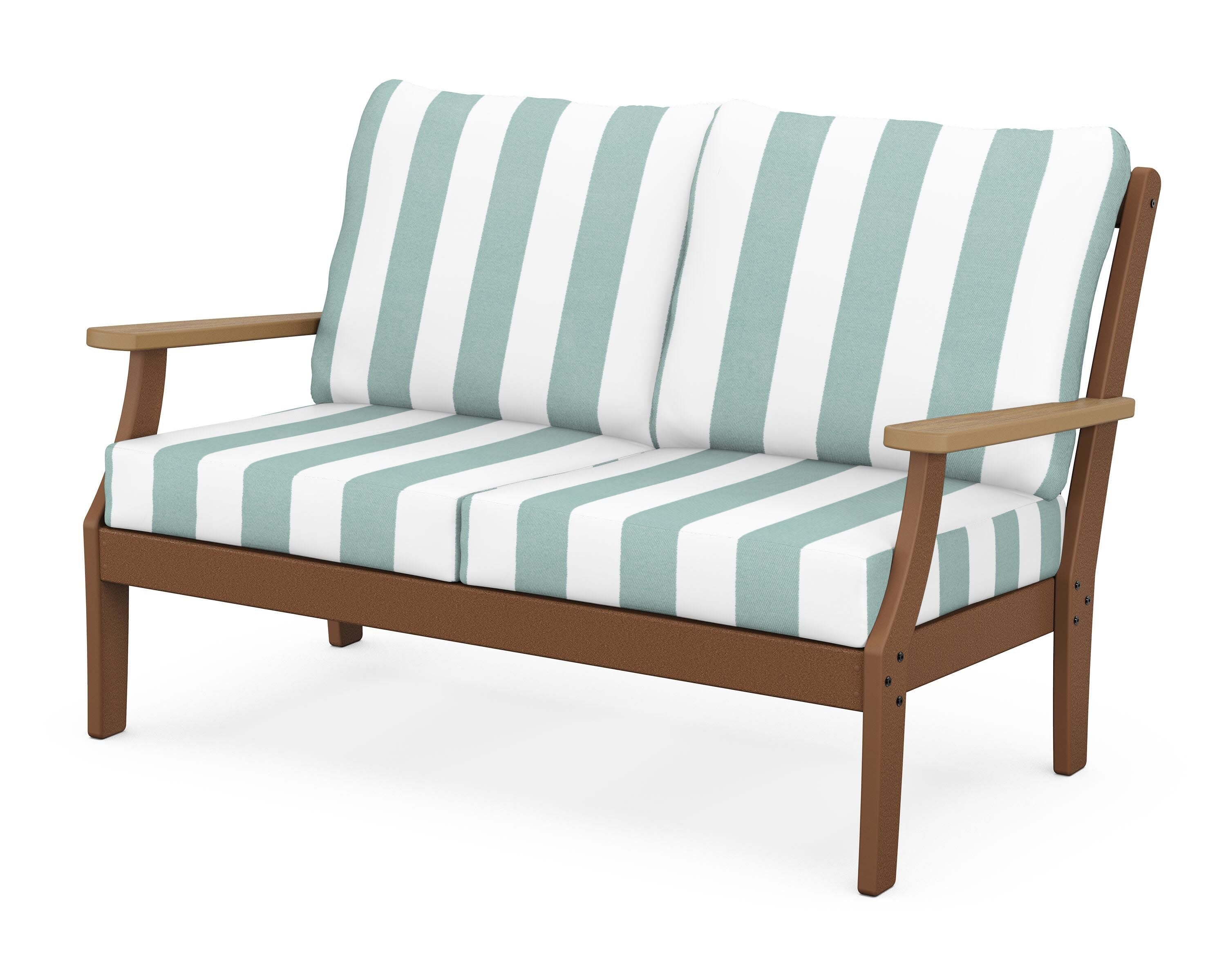 Braxton Deep Seating Loveseat in Teak / Natural / Cabana Stripe Glacier Spa