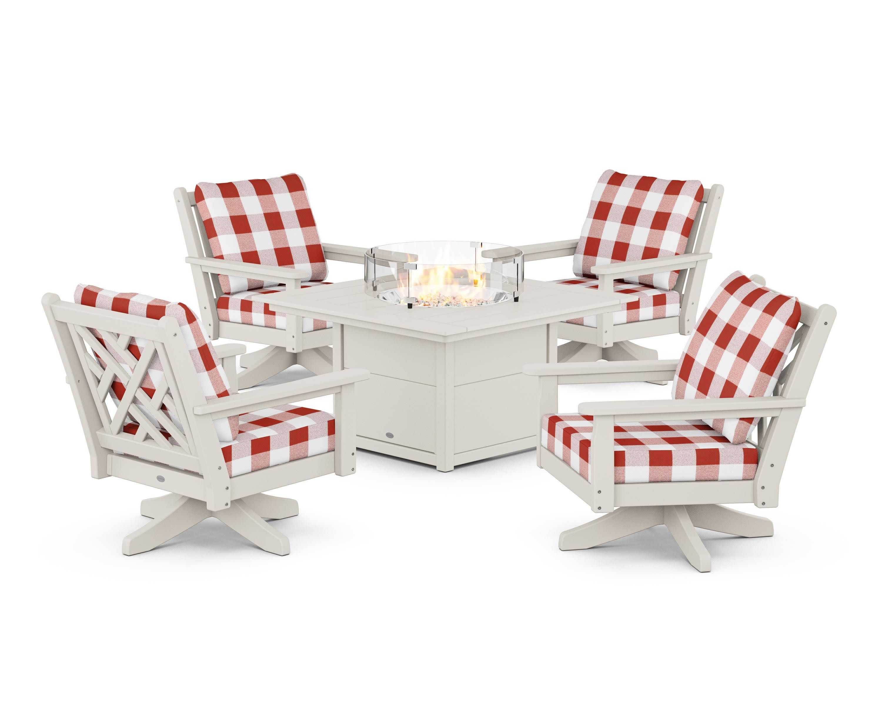 Chippendale 5-Piece Deep Seating Swivel Conversation Set with Fire Pit Table in Sand / Buffalo Plaid Crimson
