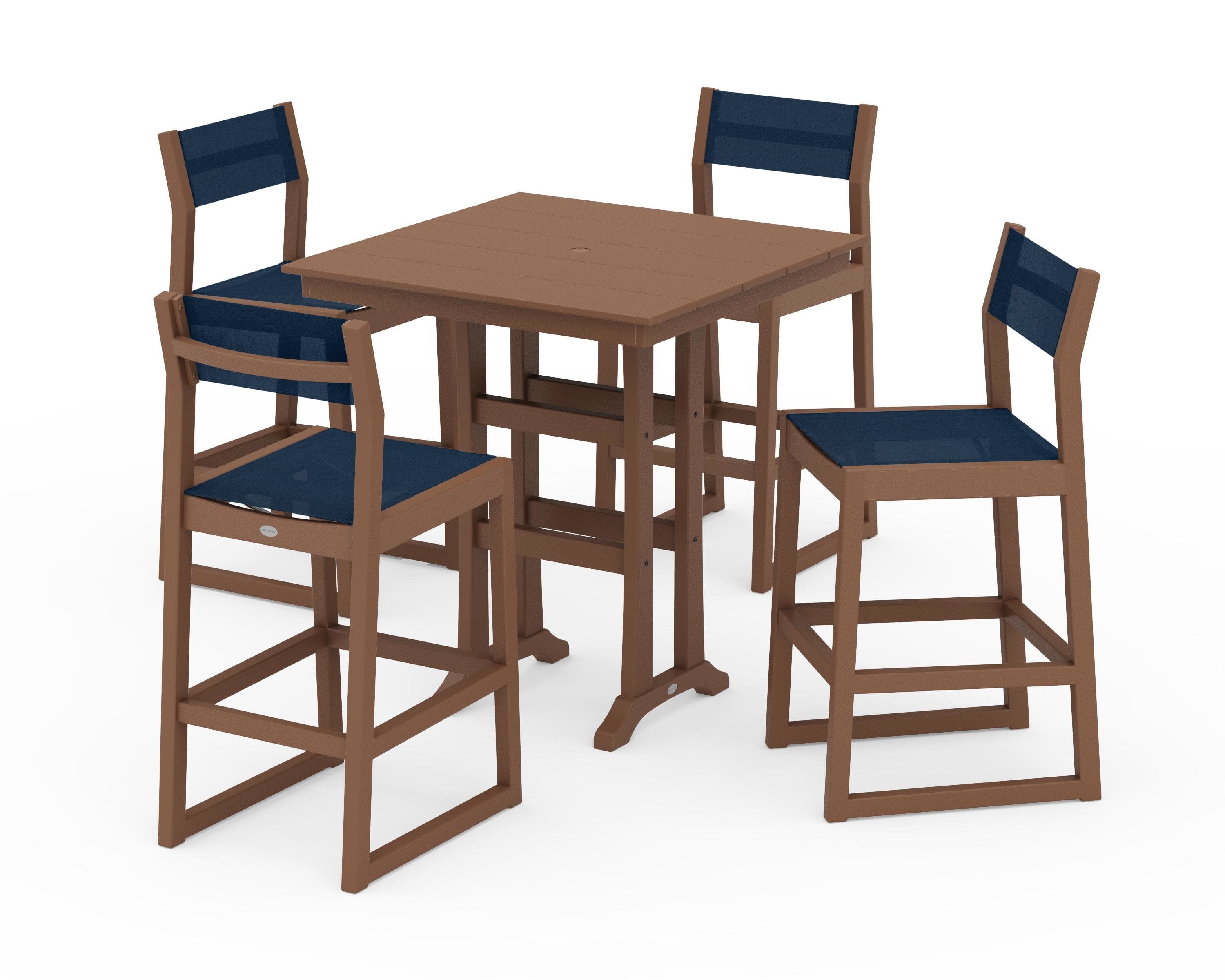 EDGE Sling Arm Chair 5-Piece Farmhouse Bar Set with Trestle Legs in Teak / Navy Blue Sling