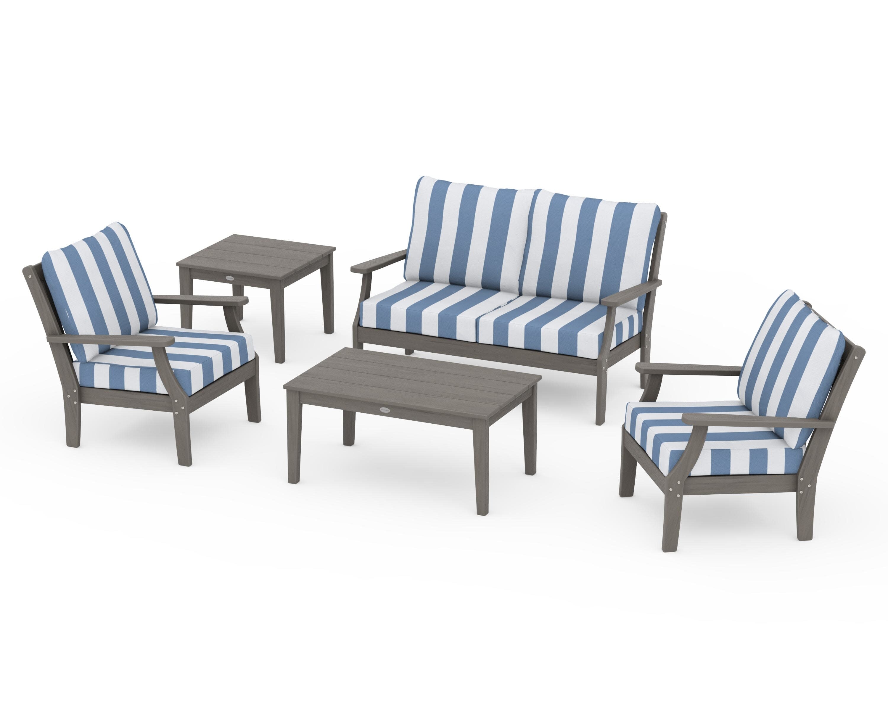 Braxton 5-Piece Deep Seating Set in Driftwood / Cabana Stripe Sky Blue