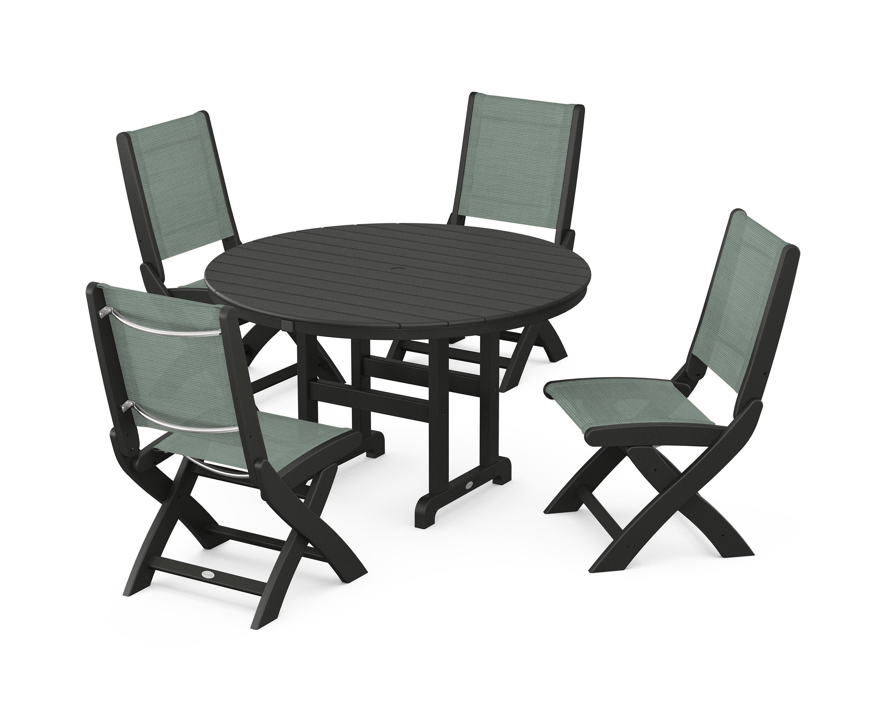 Coastal Folding Side Chair 5-Piece Round Dining Set in Black / Dupioni Sea Mist Sling
