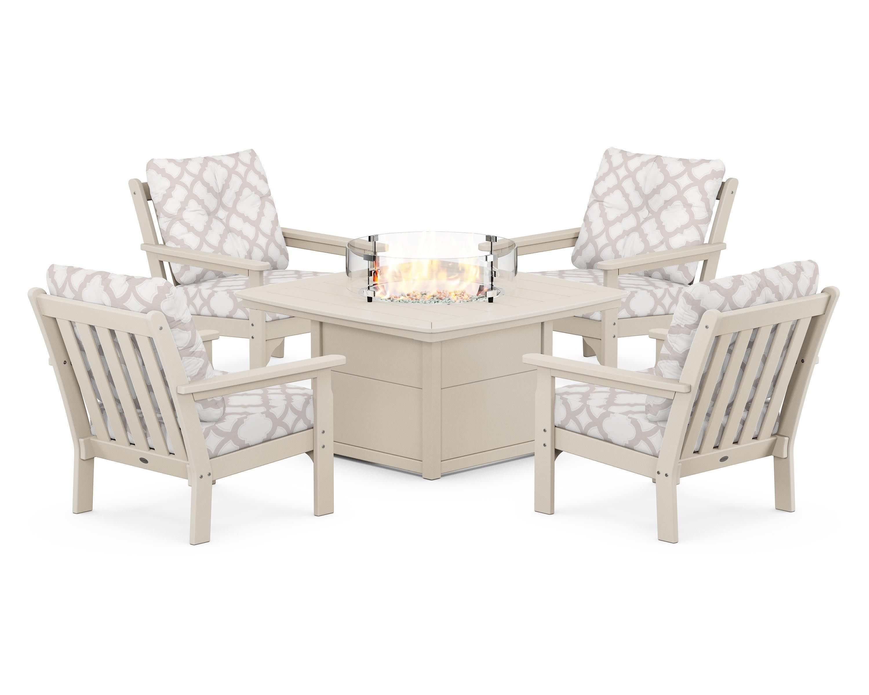Vineyard 5-Piece Conversation Set with Fire Pit Table in Sand / Trellis Dune Burlap
