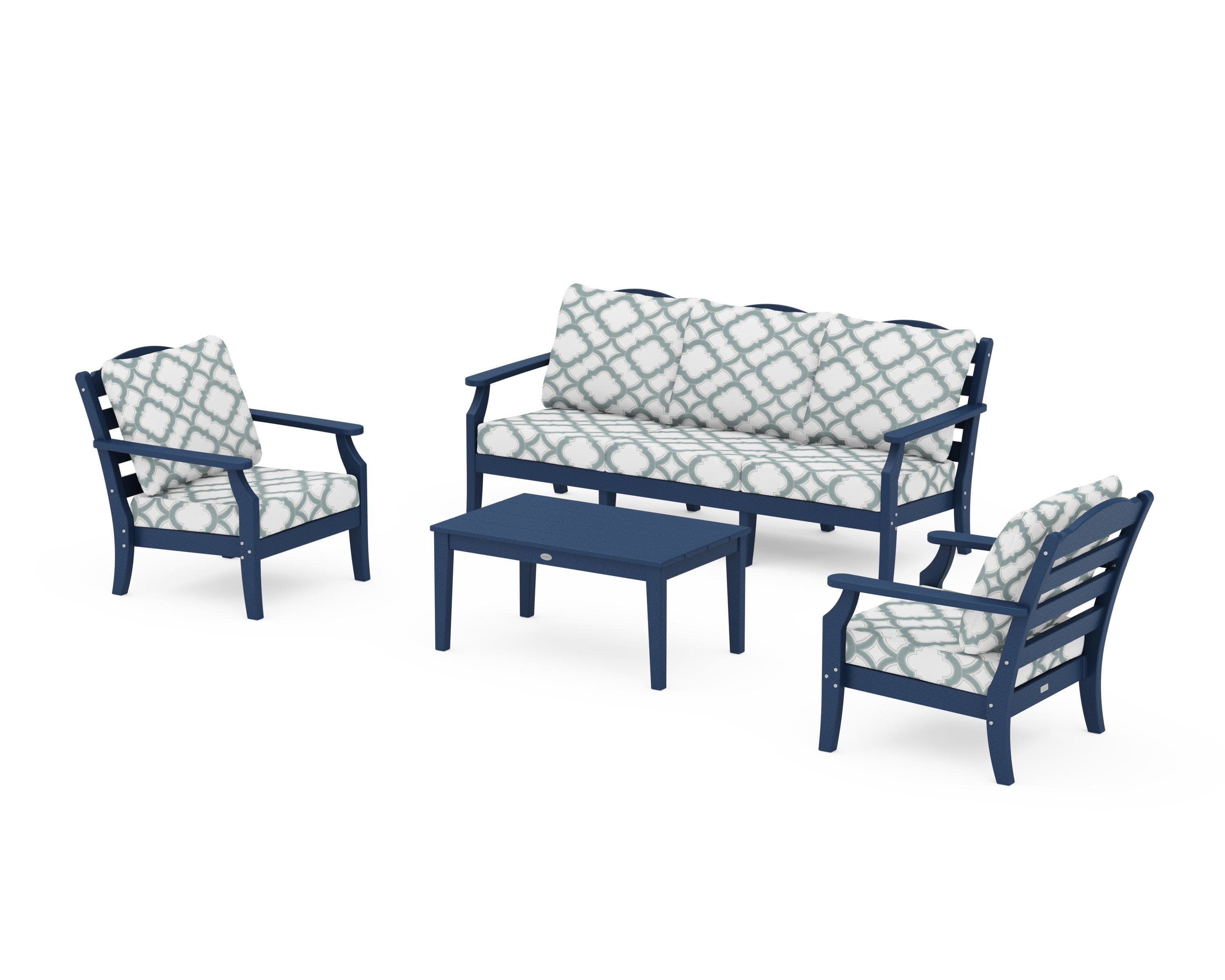 Savannah 4-Piece Deep Seating Set with Sofa in Navy / Trellis Glacier Spa