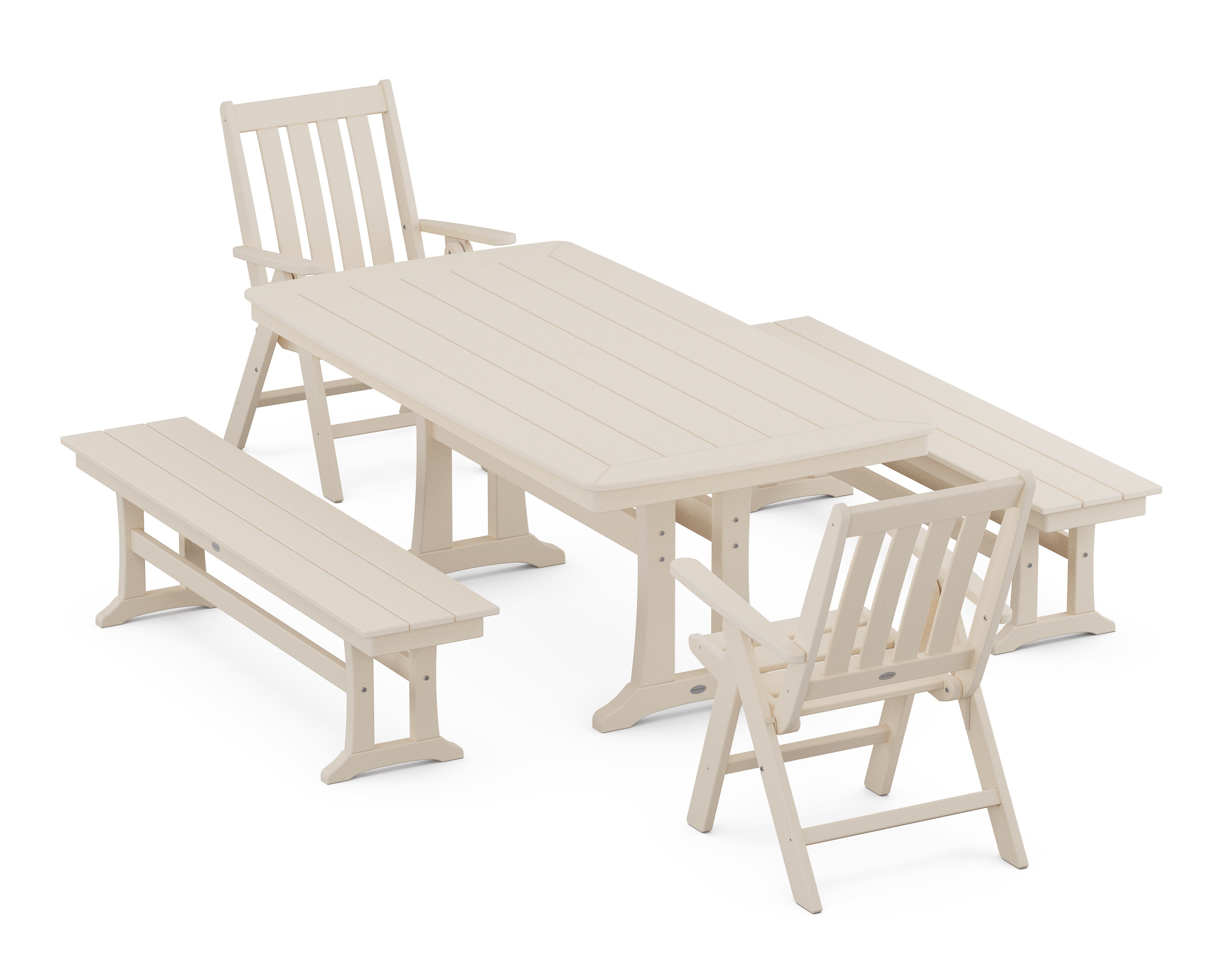 Vineyard Folding Chair 5-Piece Dining Set with Trestle Legs and Benches in Sand