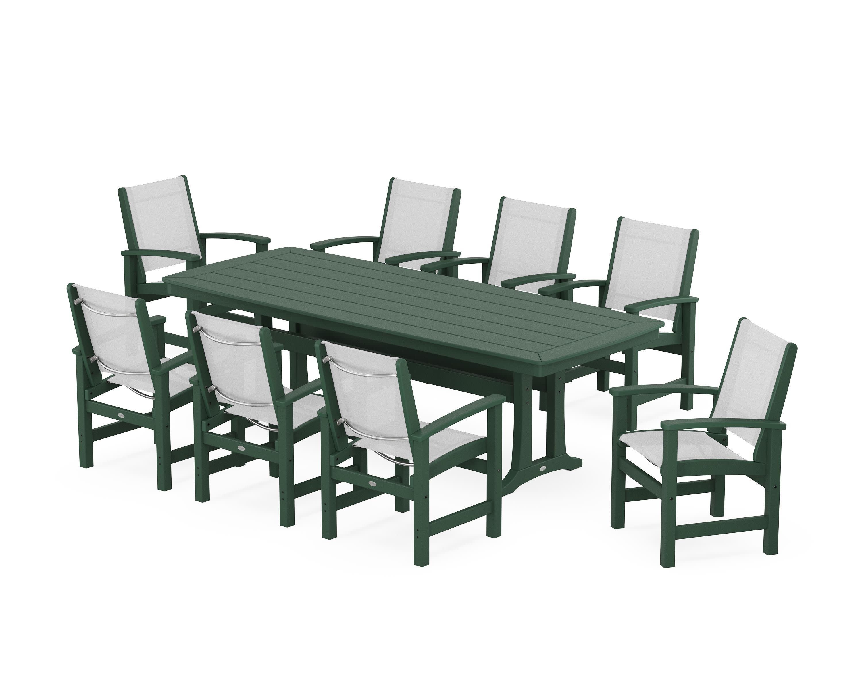 Coastal 9-Piece Dining Set with Trestle Legs in Green / White Sling
