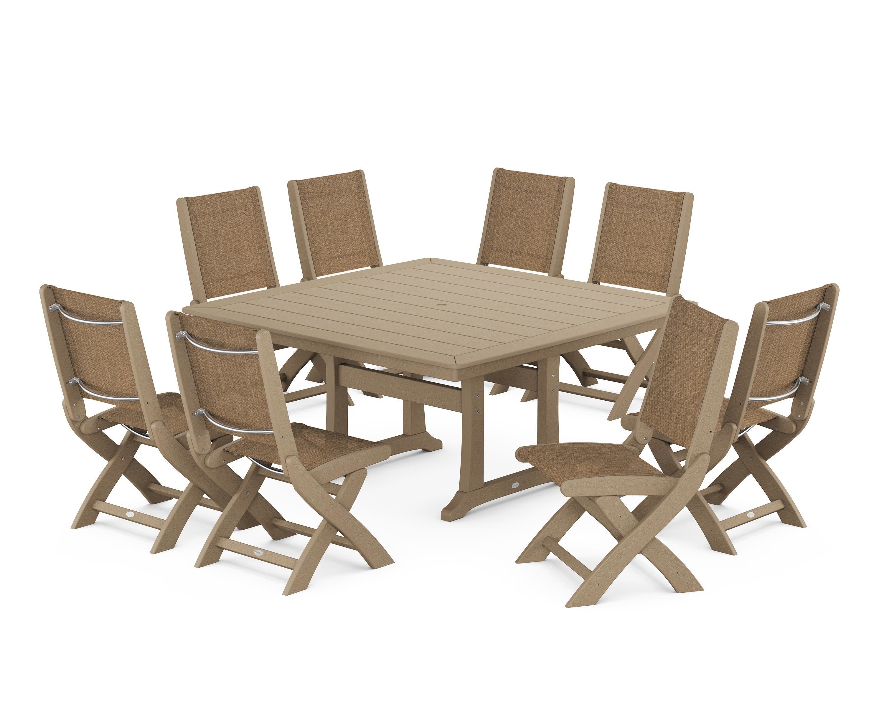 Coastal Folding Side Chair 9-Piece Dining Set with Trestle Legs in Vintage Sahara / Burlap Sling