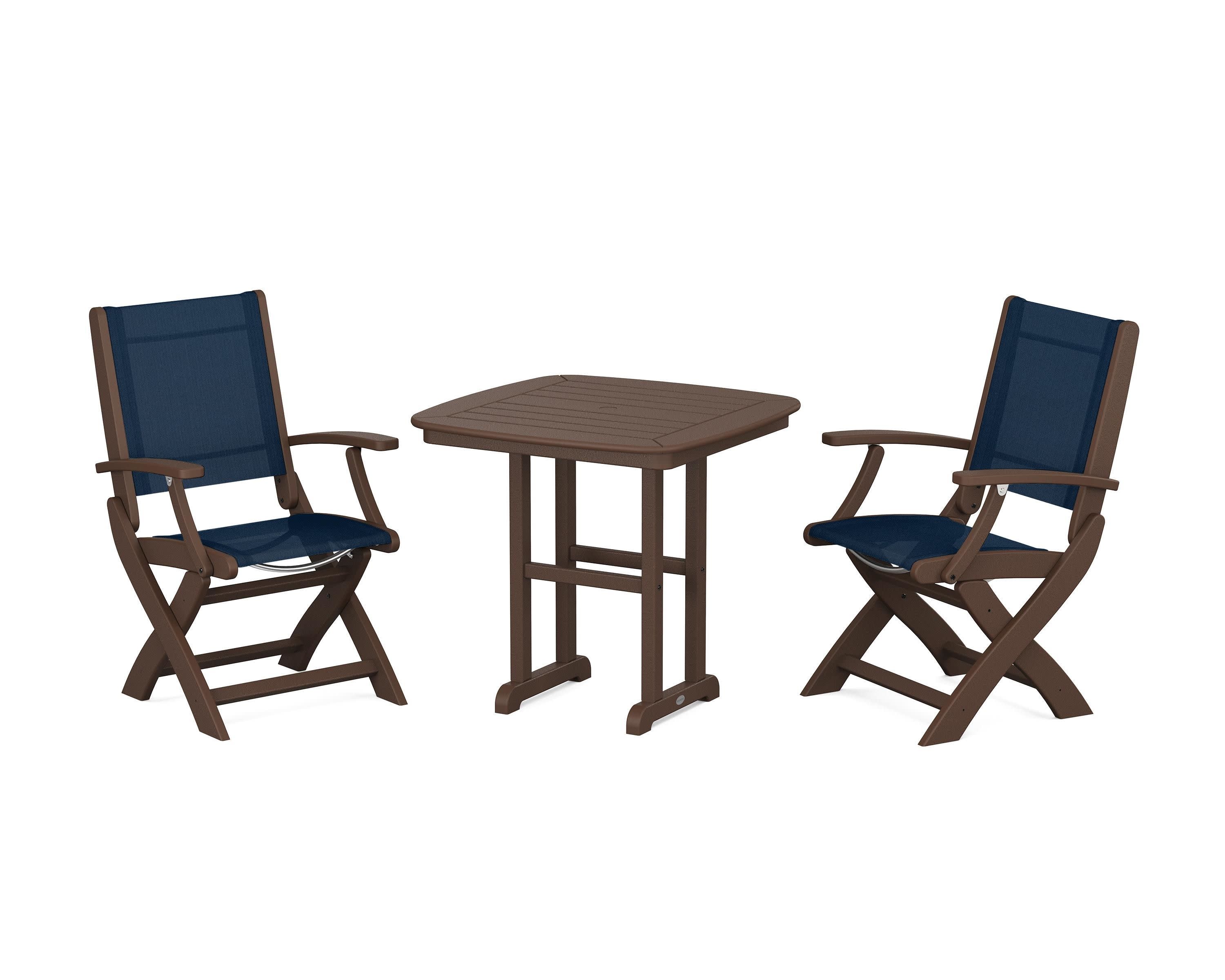 Coastal Folding Chair 3-Piece Dining Set in Mahogany / Navy Blue Sling