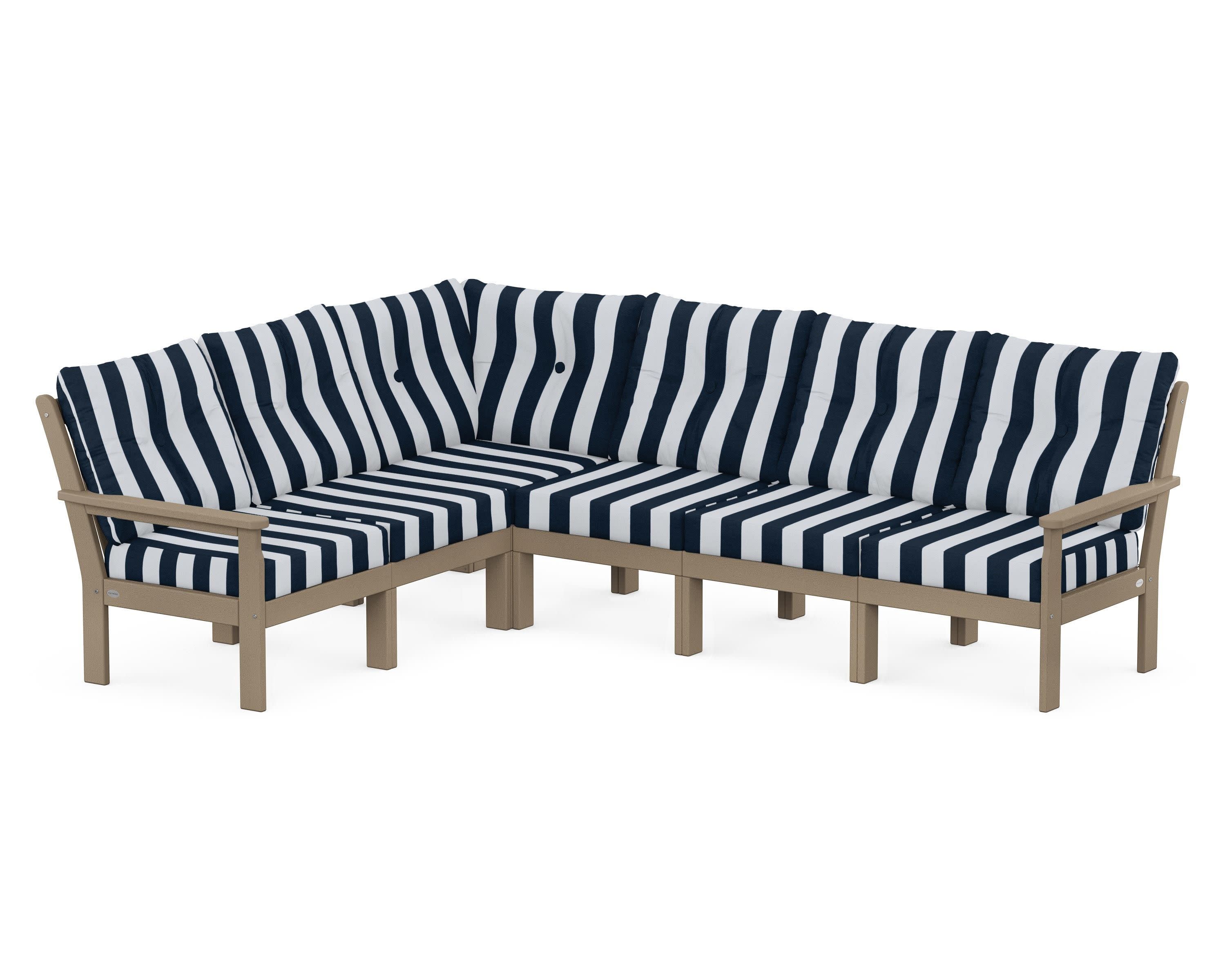 Vineyard 6-Piece Sectional in Vintage Sahara / Cabana Stripe Marine Indigo