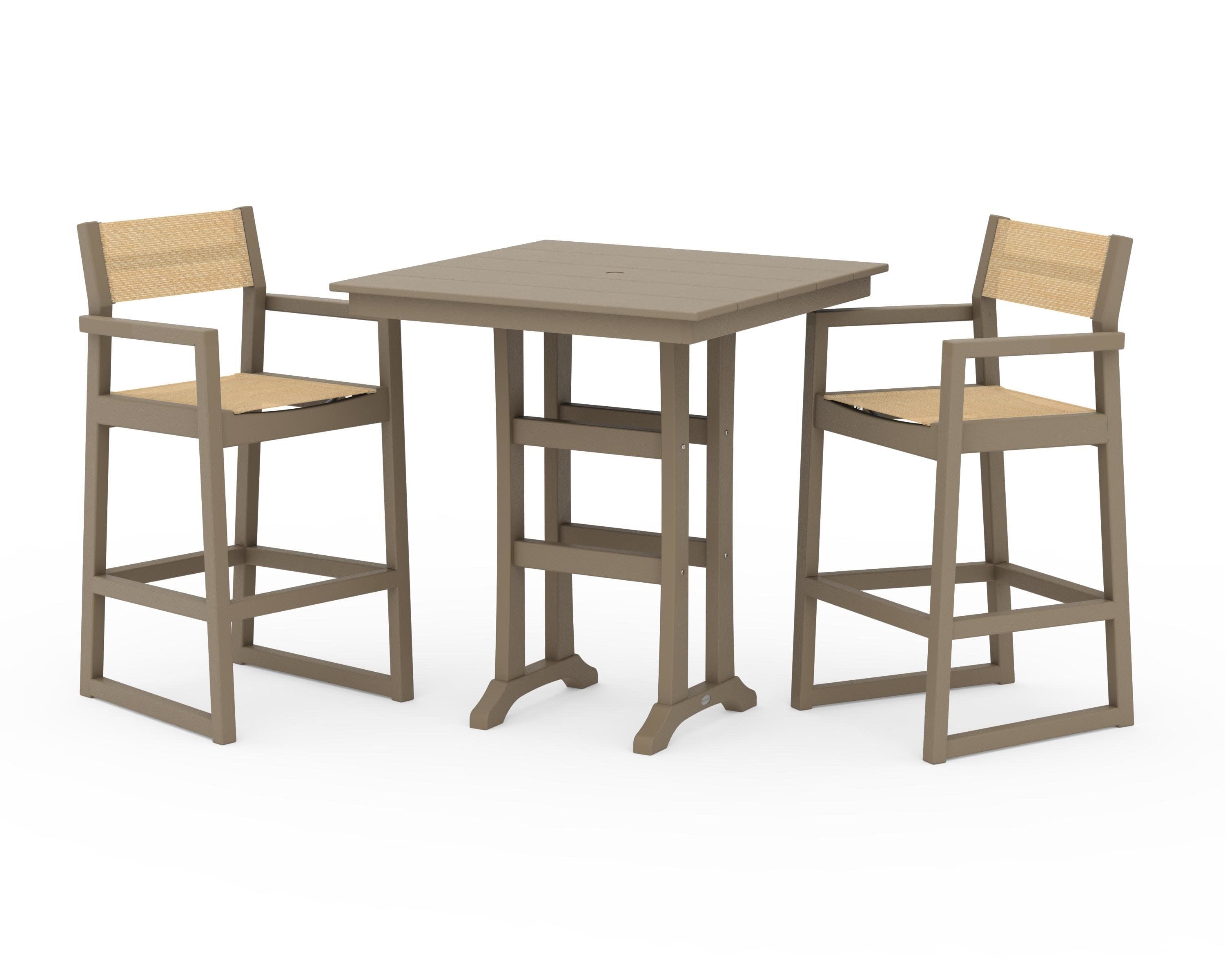 EDGE Sling Arm Chair 3-Piece Farmhouse Bar Set with Trestle Legs in Vintage Sahara / Dupioni Apricot Sling