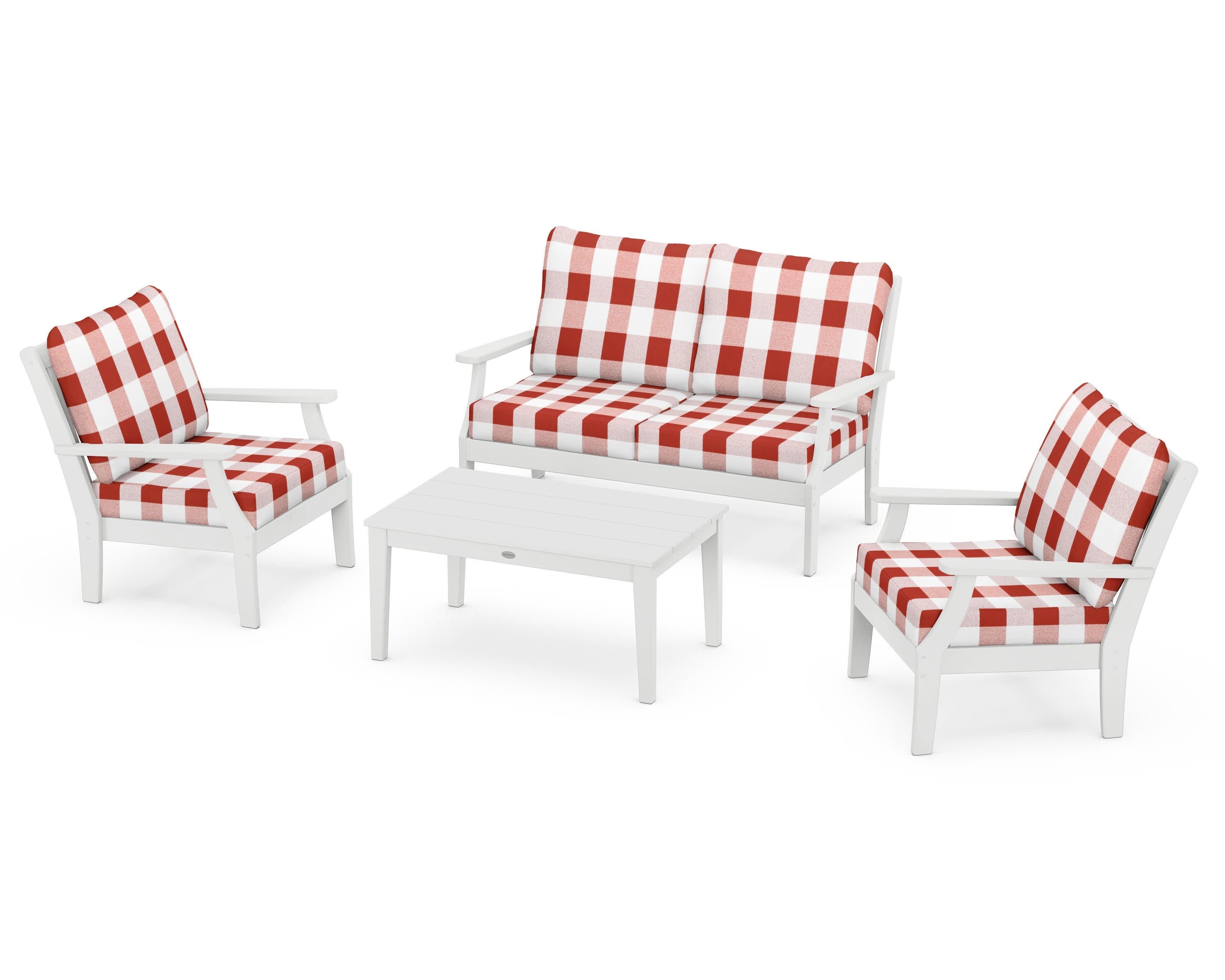 Braxton 4-Piece Deep Seating Chair Set in White / Buffalo Plaid Crimson