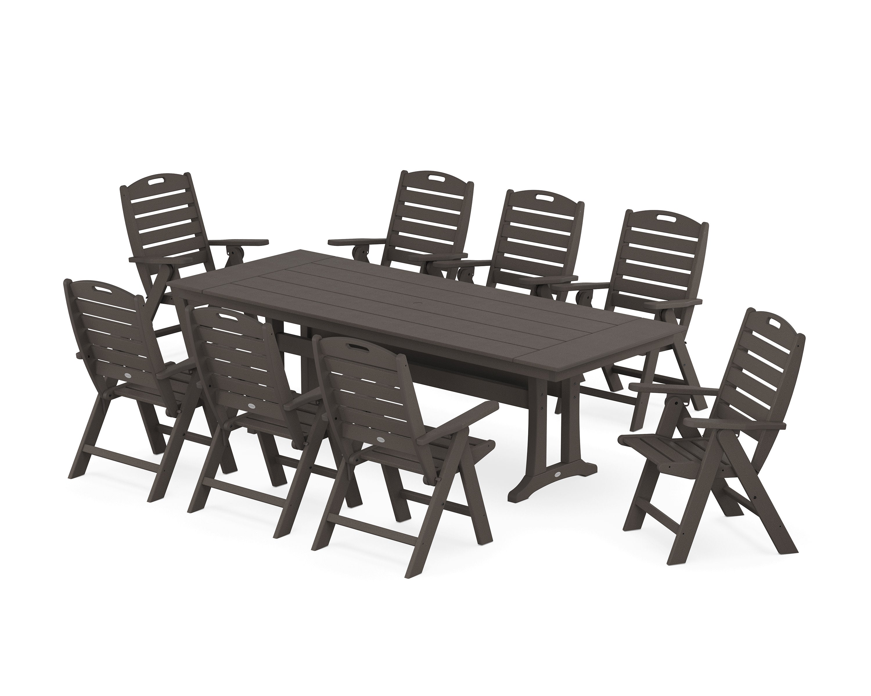 Nautical Highback 9-Piece Farmhouse Dining Set with Trestle Legs in Vintage Coffee