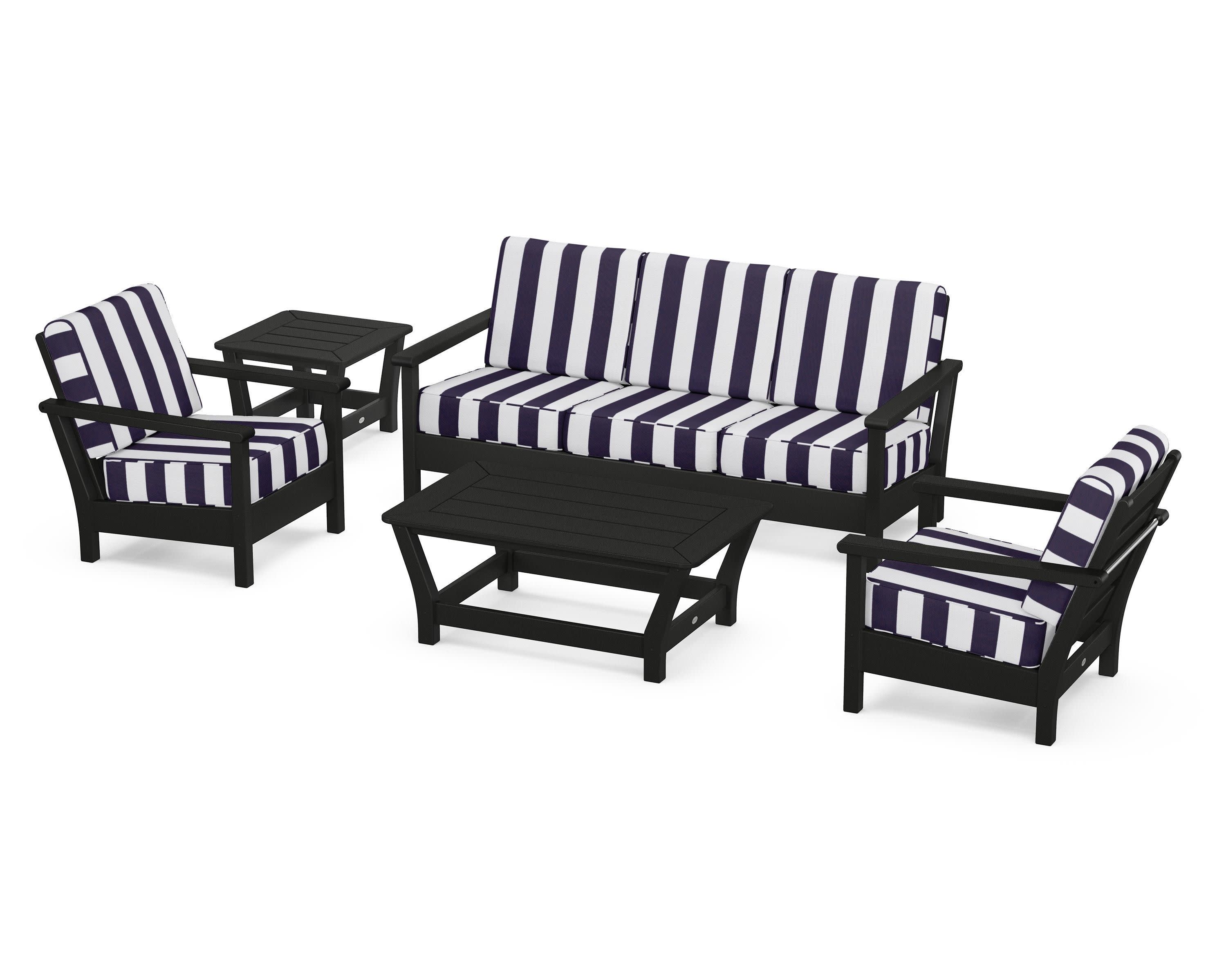 Harbour 5-Piece Deep Seating Set in Black / Cabana Stripe Navy