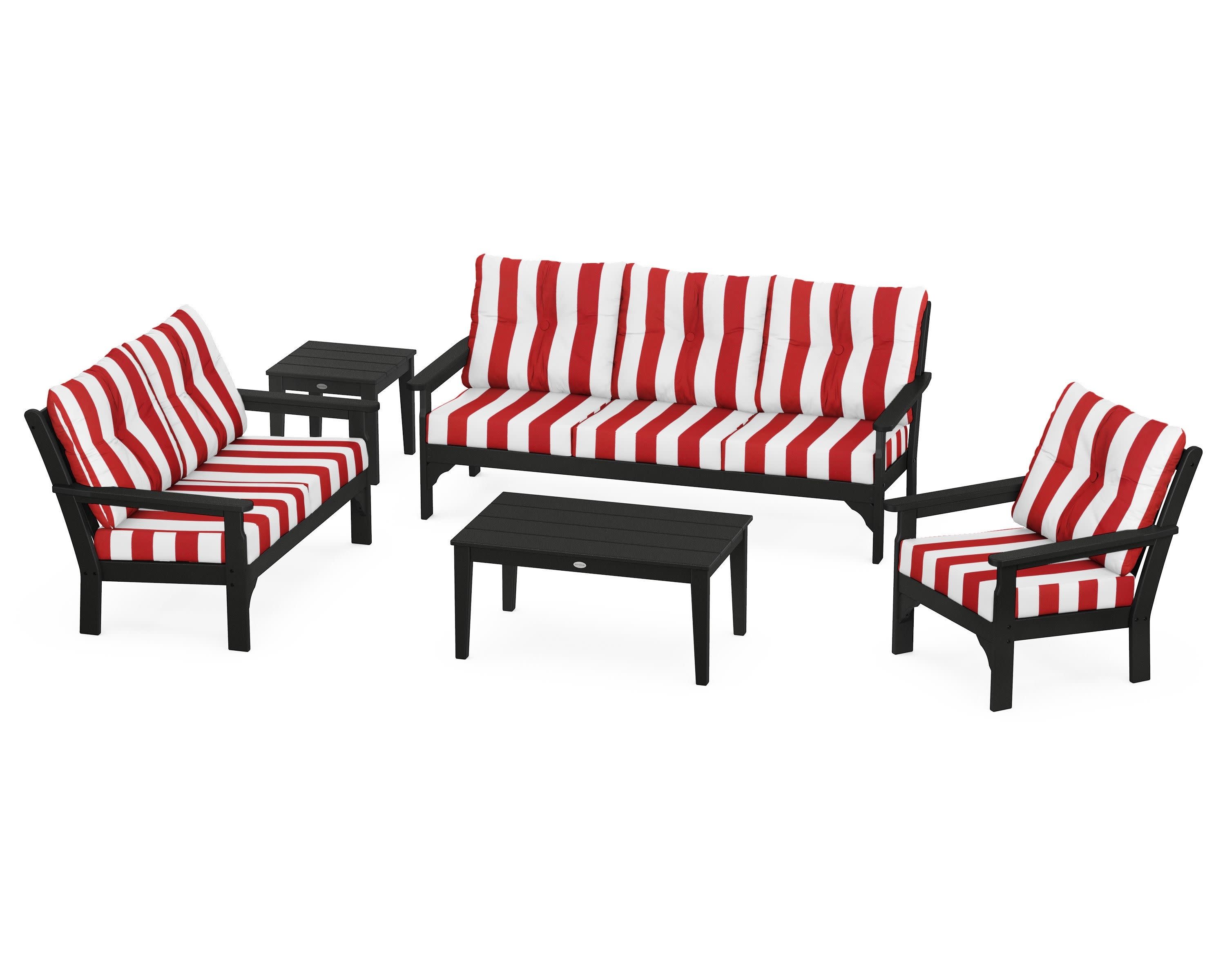 Vineyard 5 Piece Deep Seating Set in Black / Cabana Stripe Crimson