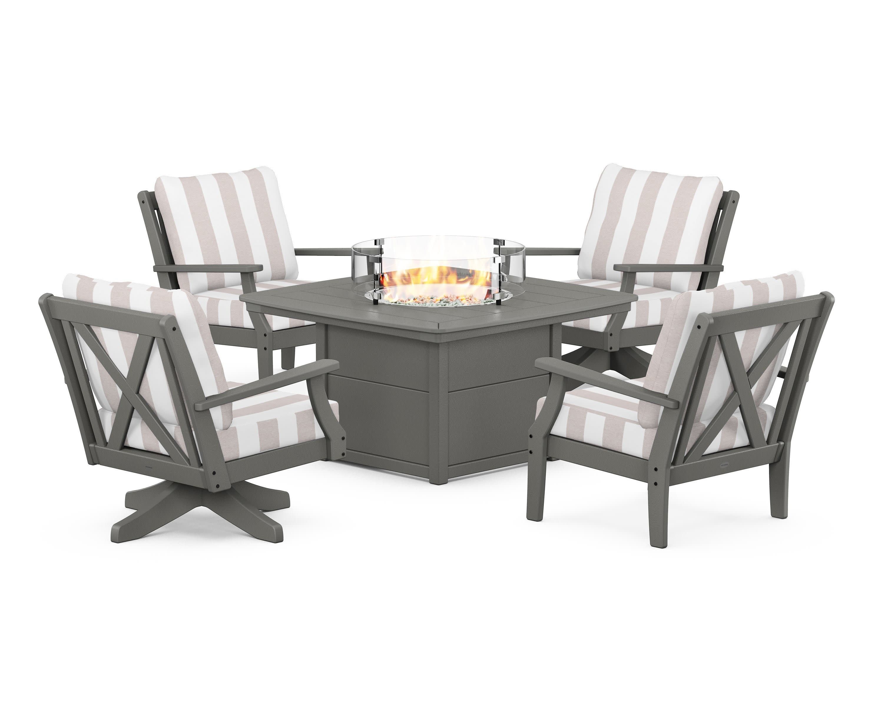 Braxton 5-Piece Deep Seating Set with Fire Table in Slate Grey / Cabana Stripe Dune Burlap