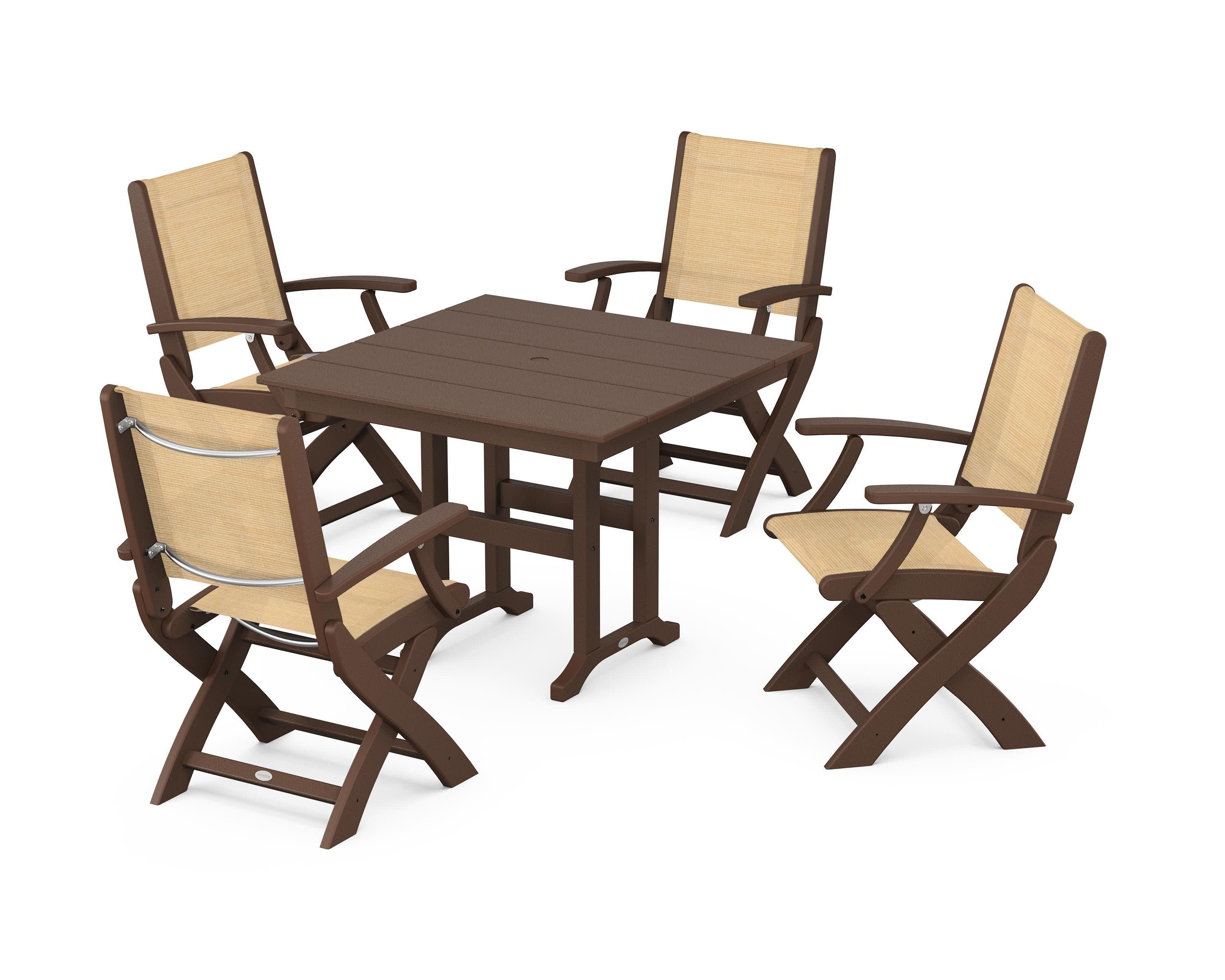 Coastal Folding Chair 5-Piece Farmhouse Dining Set in Mahogany / Dupioni Apricot Sling