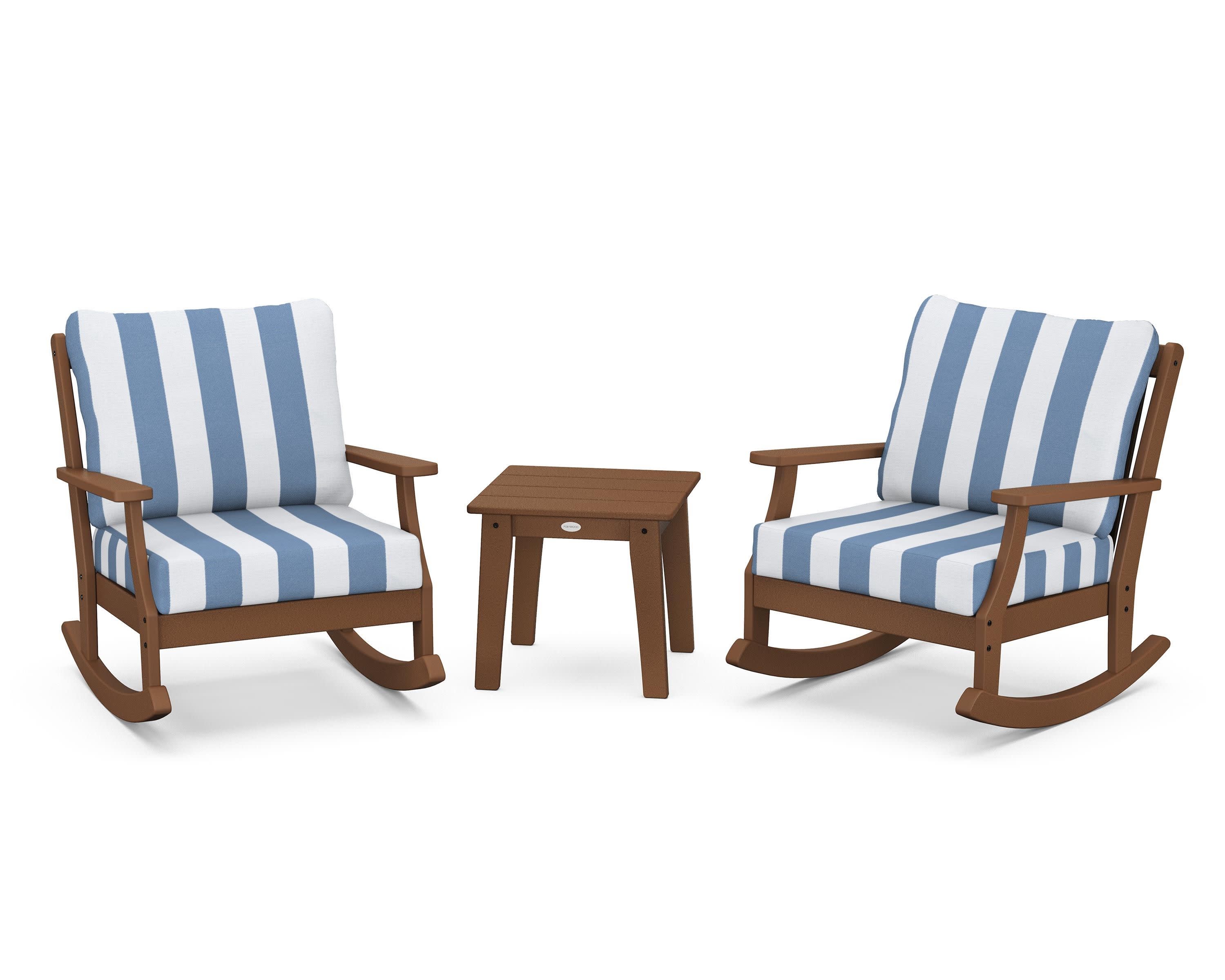 Braxton 3-Piece Deep Seating Rocker Set in Teak / Cabana Stripe Sky Blue