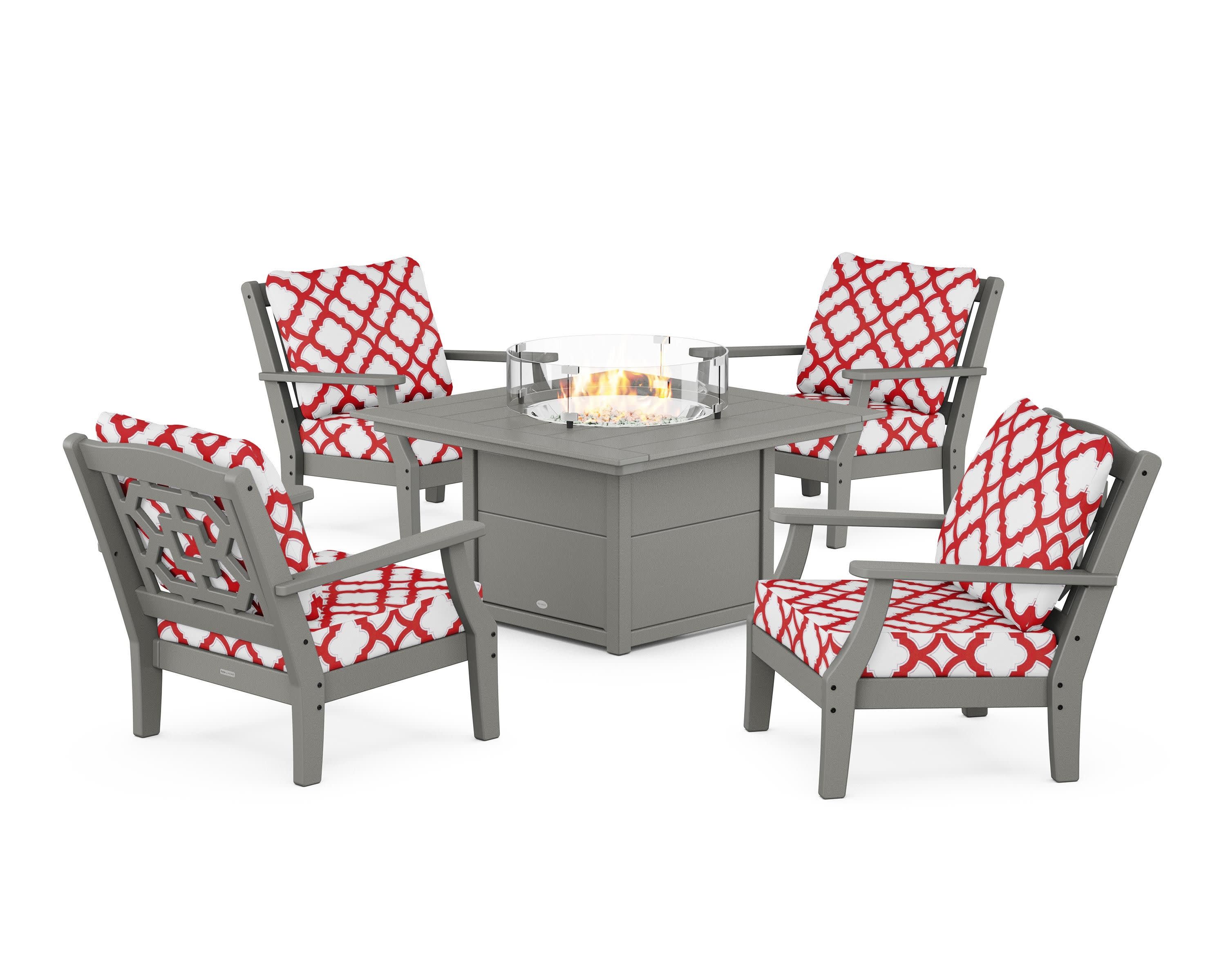 Chinoiserie 5-Piece Deep Seating Set with Fire Pit Table in Slate Grey / Trellis Crimson