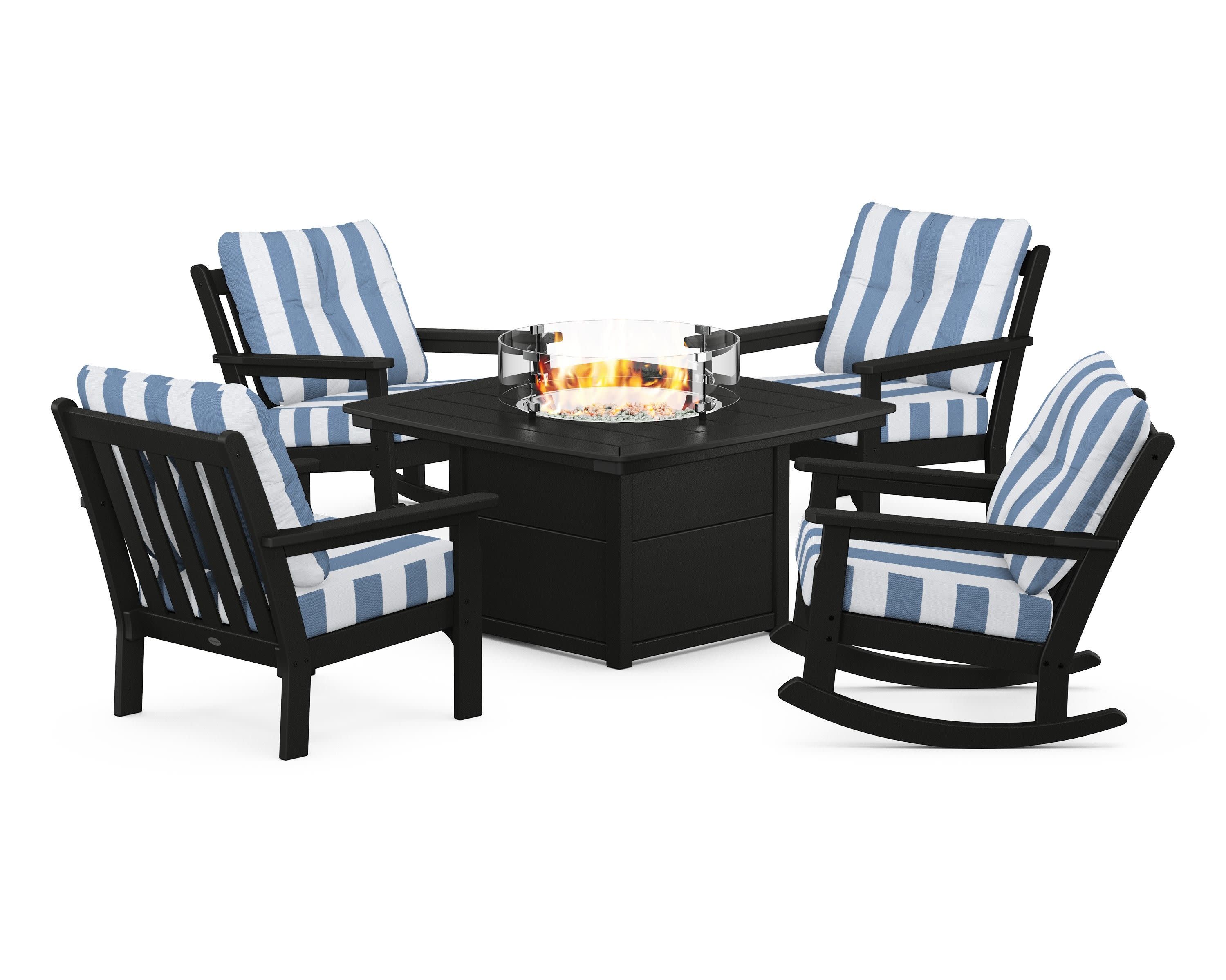 Vineyard 5-Piece Deep Seating Rocking Chair Conversation Set with Fire Pit Table in Black / Cabana Stripe Sky Blue