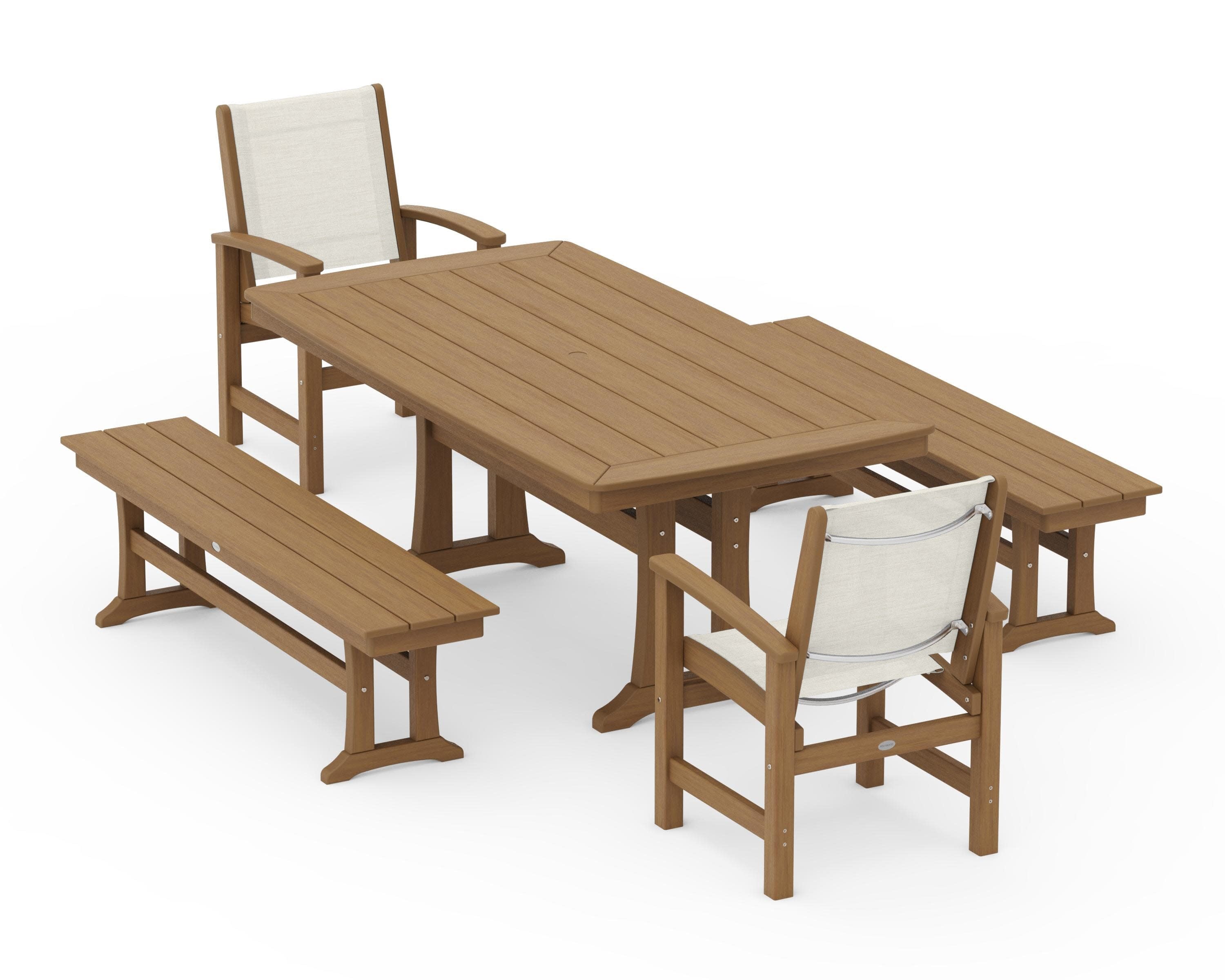 Coastal 5-Piece Dining Set with Trestle Legs and Benches in Natural / Parchment Sling